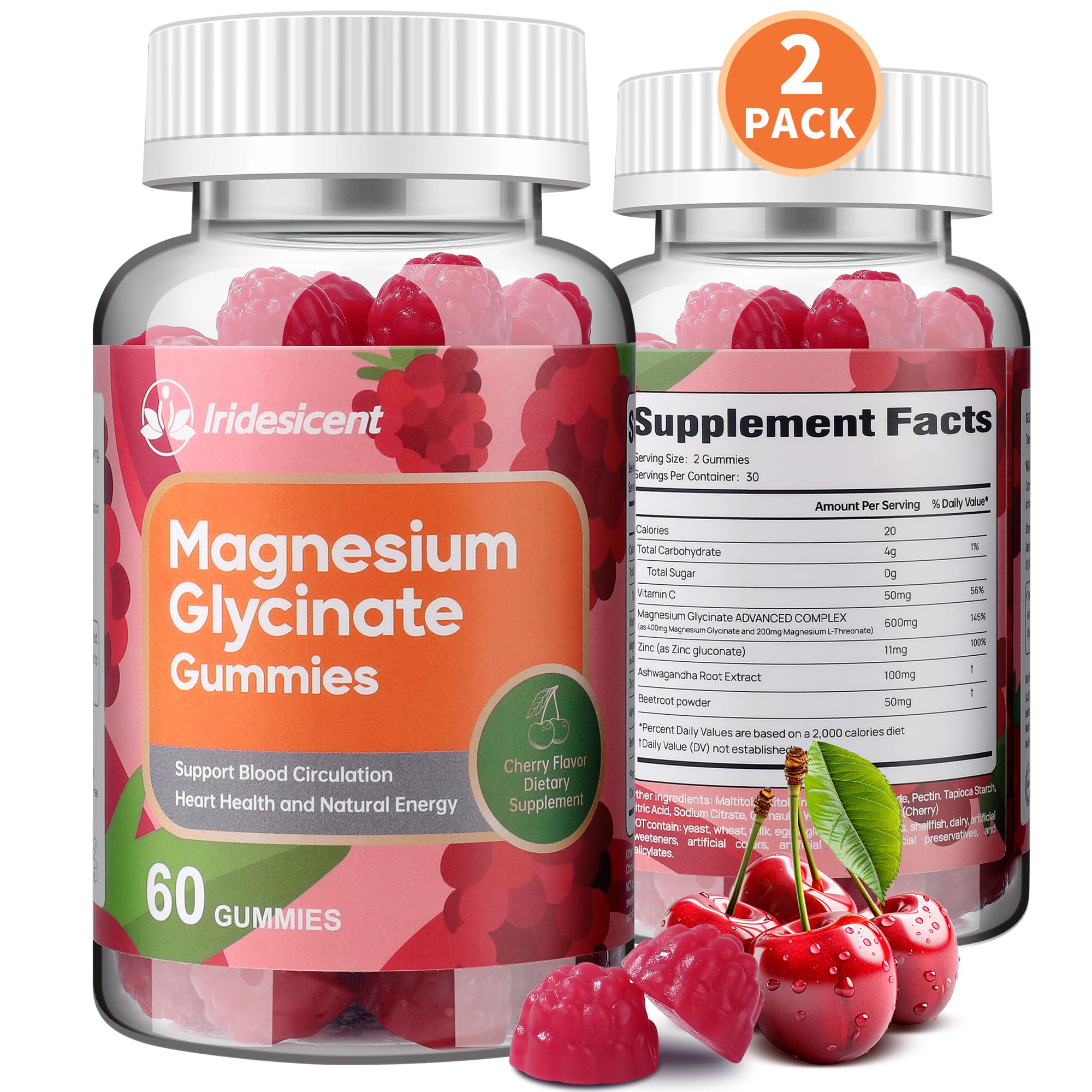 IRIDESICENT Magnesium Glycinate Gummies 400mg, Sugar Free Magnesium Supplement w/Ashwagandha, Zinc, Vegan Magnesium Glycinate Supplement for Adults - 120 Cherry Gummies IRIDESICENT uk supplements