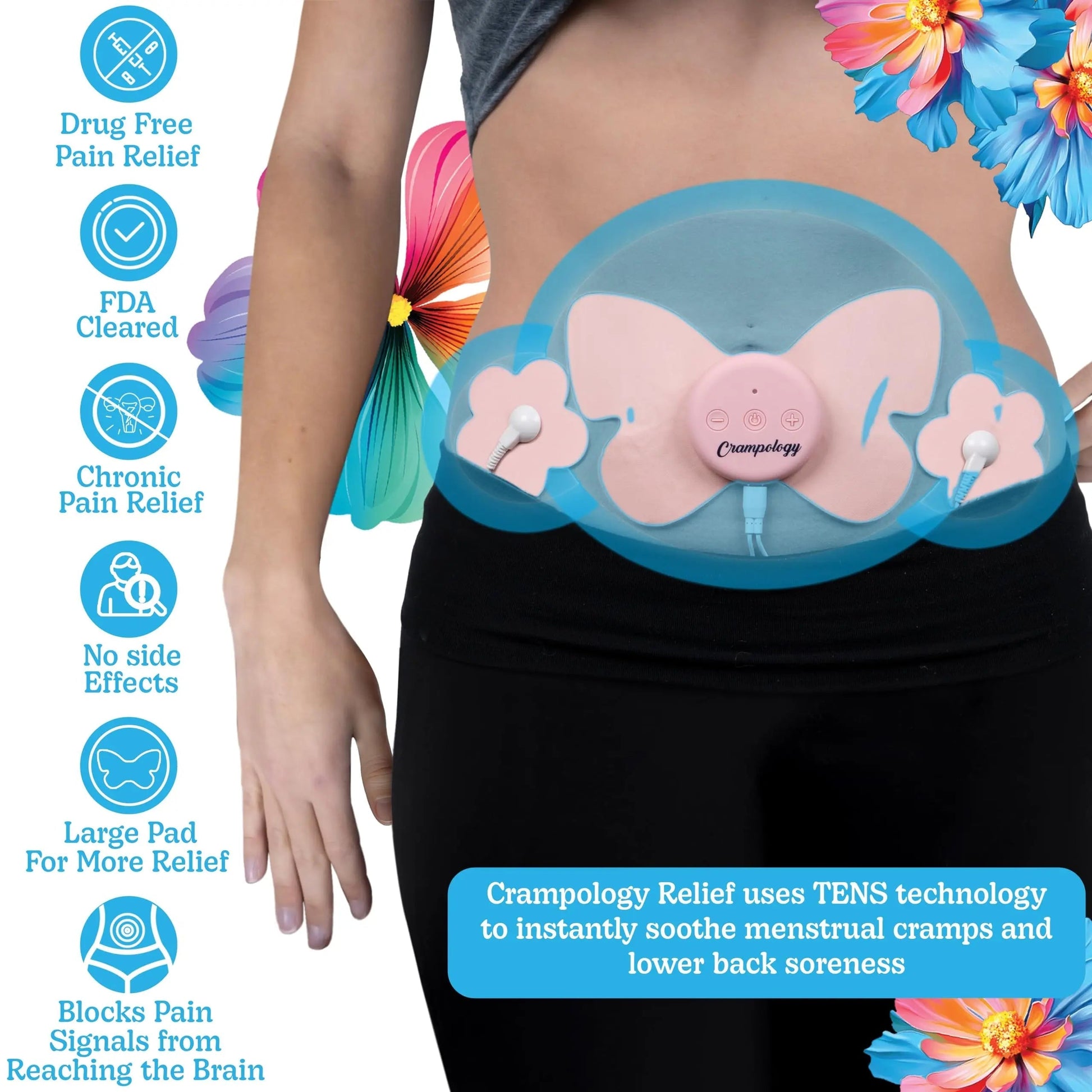 Crampology Relief Pink-Period Cramps Pain Relieving Device, Cramp Massager for Menstrual and Lower Back Ache, Reduces Endometriosis Discomfort, PMS TENS Unit, Wireless or Wired, Natural Cycle Support Crampology uk supplements