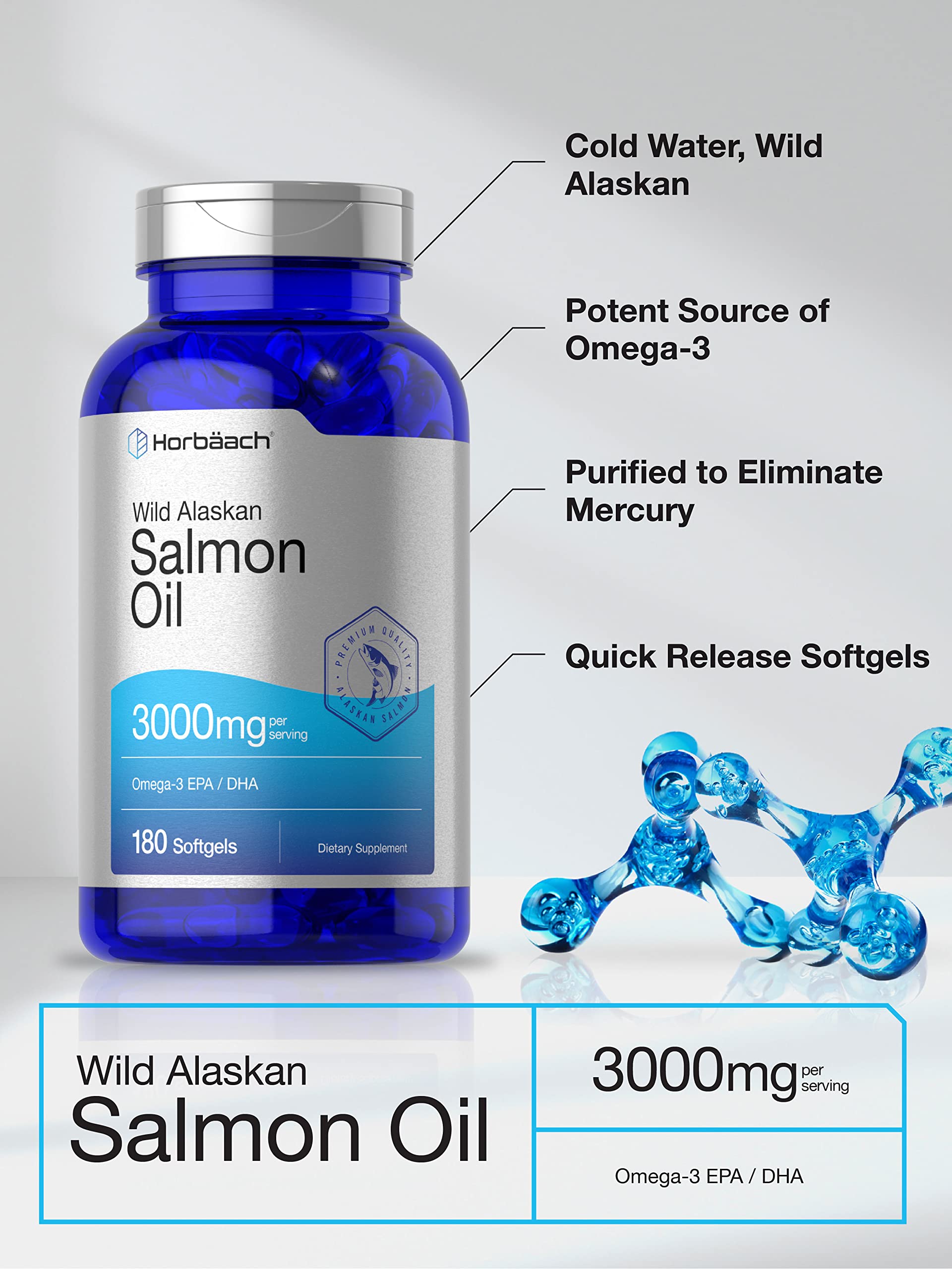 Wild Alaskan Salmon Fish Oil | 180 Softgel Capsules | Gluten Free, Non-GMO | High Potency Horbäach uk supplements