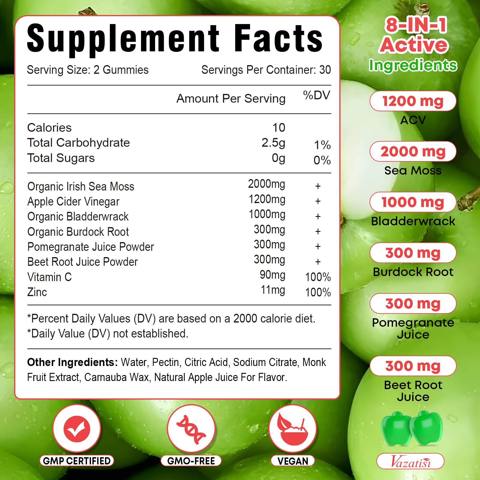 Vazatisi 2 Pack Apple Cider Vinegar Gummies, ACV with Sea Moss Gummies for Metabolism, Digestion, Detox, Gut & Immune Health, Apple Flavored -120 Count Vazatisi uk supplements