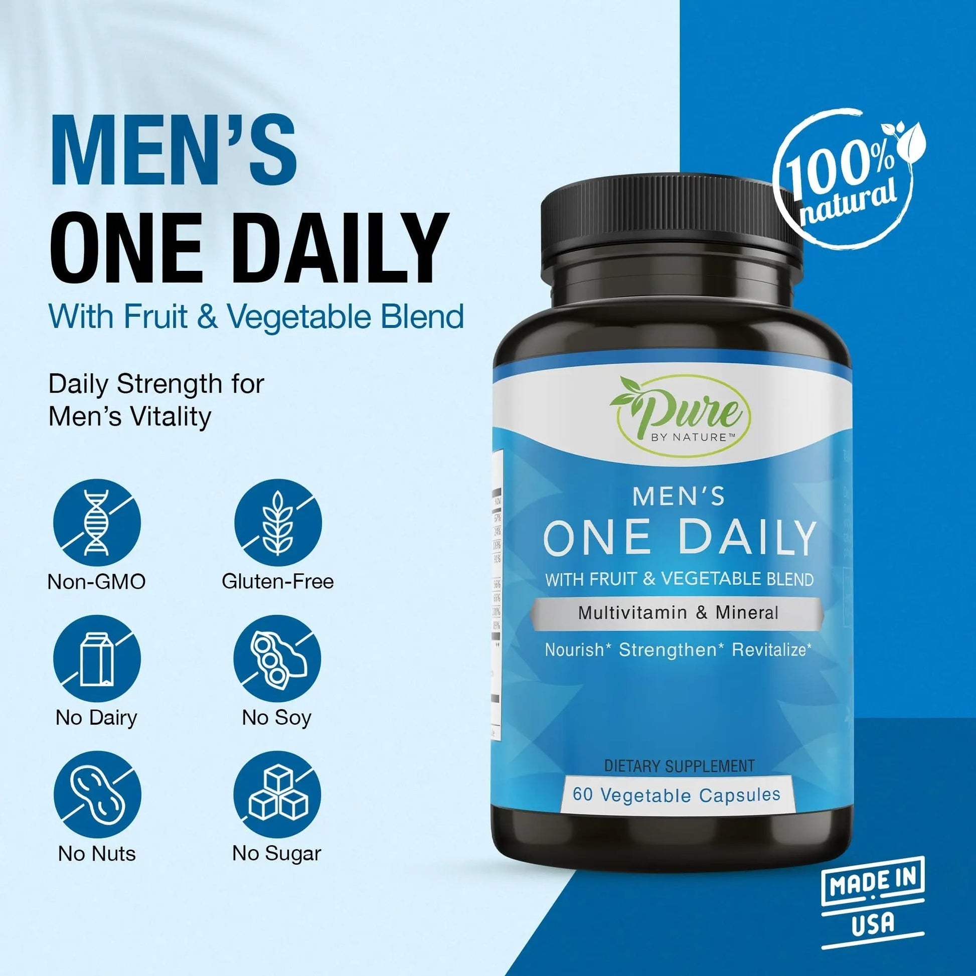 Pure By Nature One-Daily Multivitamin for Men, Immune Support Supplement with Non-GMO Ingredient, Vitamin & Minerals for Energy, 60 Veggie Capsules Pure By Nature uk supplements