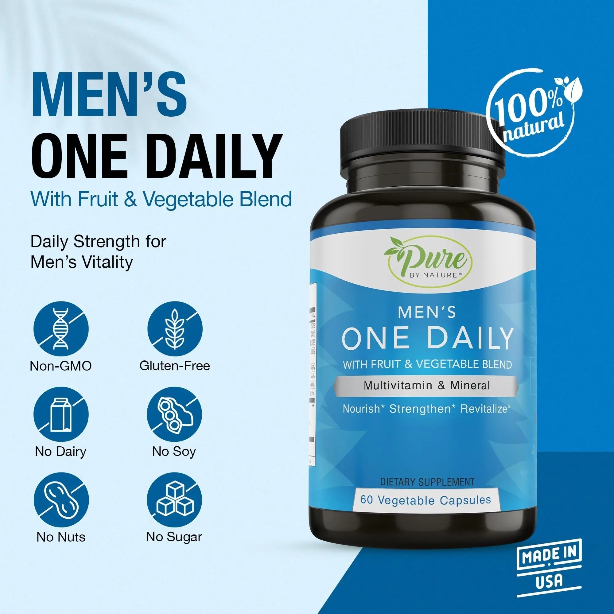 Pure By Nature One-Daily Multivitamin for Men, Immune Support Supplement with Non-GMO Ingredient, Vitamin & Minerals for Energy, 60 Veggie Capsules Pure By Nature uk supplements