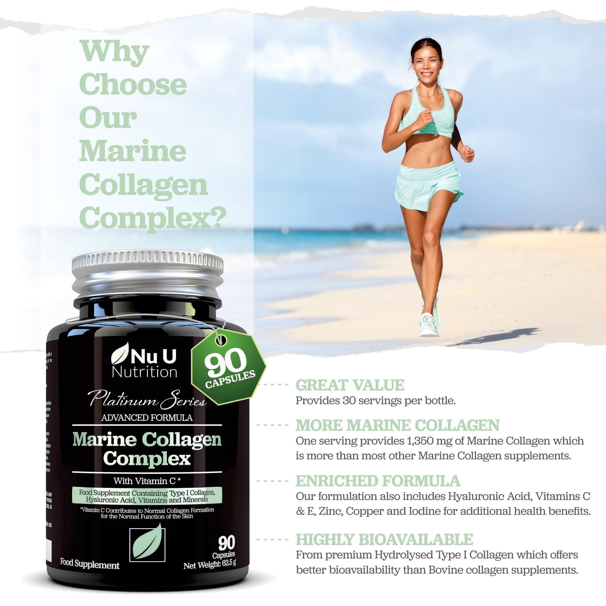 Marine Collagen with Hyaluronic Acid, Vitamin C - 90 Hydrolysed Capsules (not Tablets Nu U Nutrition uk supplements
