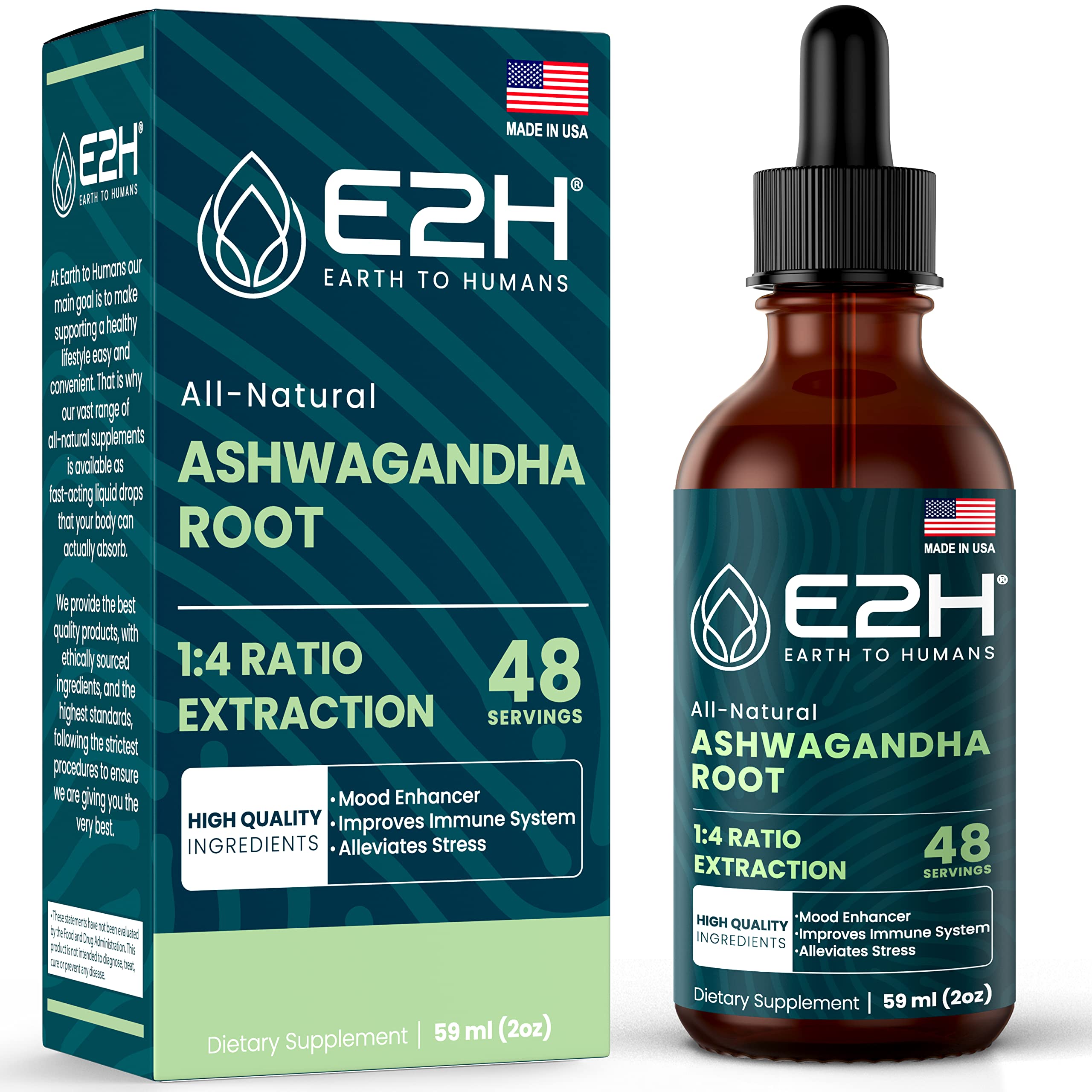 E2H Ashwagandha Liquid Drops - All-Natural Ashwagandha Supplement for Stress Relief and Mood Enhancer- Organic Ashwagandha Root Extract Effective Cortisol Manager | Non-GMO, Vegan | 2 Fl Oz E2H EARTH TO HUMANS uk supplements
