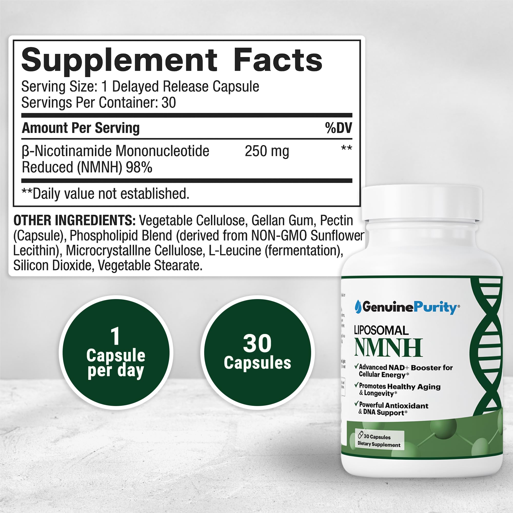GenuinePurity - NMNH NAD Supplement - 250mg, 30 Count Liposomal NAD+ Supplement for Cellular Health & Energy - GMP Certified Advanced Reduced Form of NMN for Superior Stability & Absorption GenuinePurity uk supplements
