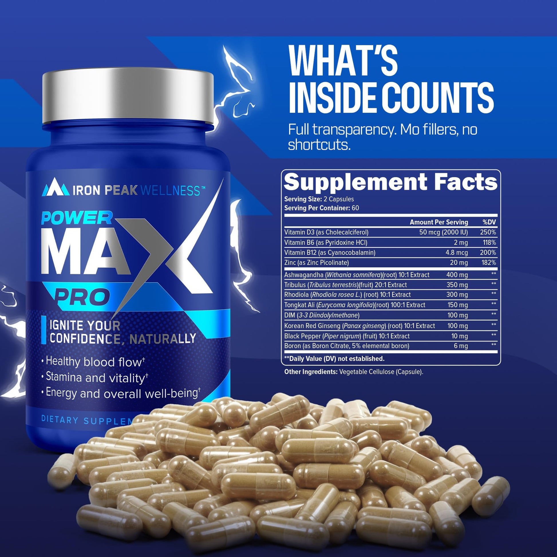 Testosterone Booster Pills for Men - Male Enhancing Supplement - Fast Acting Blood Flow, Muscle Growth, Strength, Energy, Libido, Endurance, Workout - Natural Performance Test Boost - 60 Day Serving IronPeak Wellness uk supplements