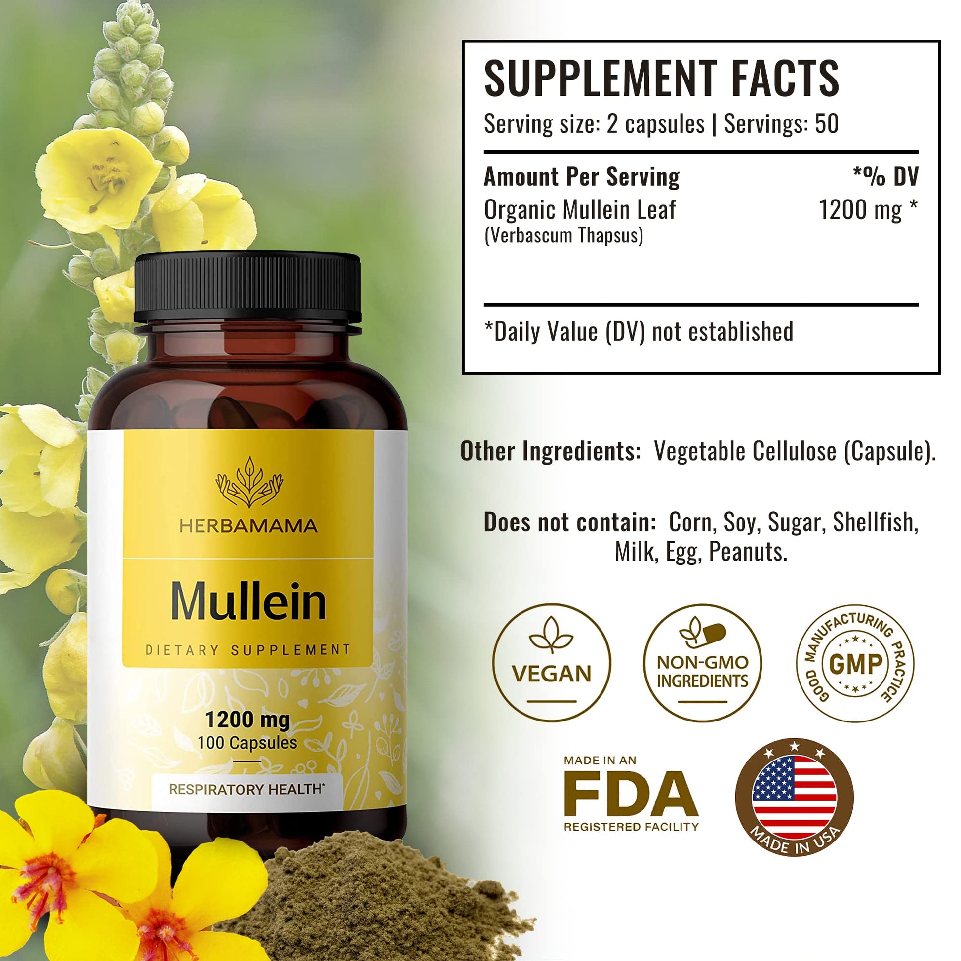 HERBAMAMA Mullein Leaf Capsules Respiratory Health - Organic Mullein Leaf Extract HERBAMAMA uk supplements