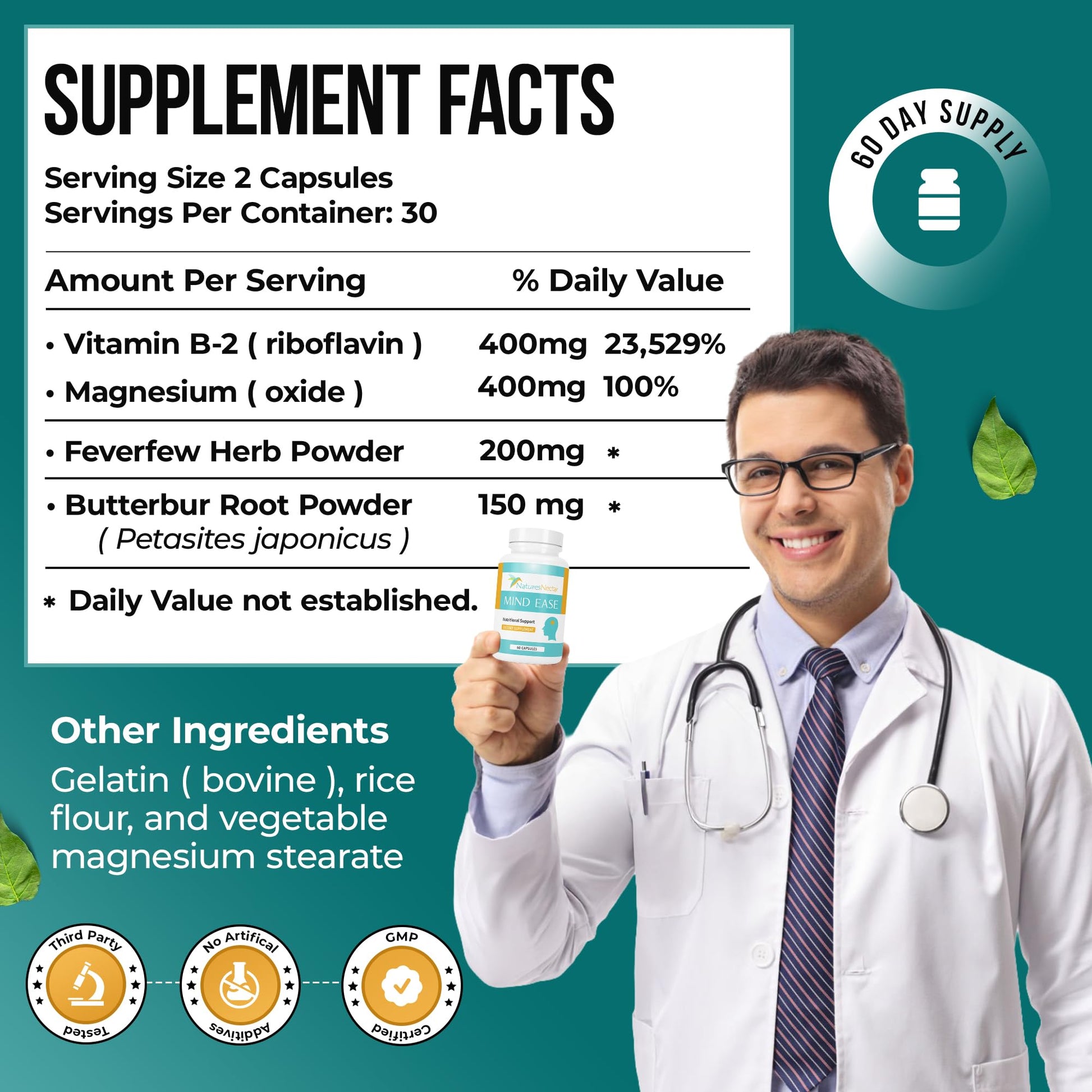 Nature's Nectar Migraine Prevention Feverfew Capsules – PA Free Butterbur Root, Riboflavin 400 mg, Magnesium & Feverfew – Natural Migraine Supplement – 60 Capsules Nature's Nectar uk supplements