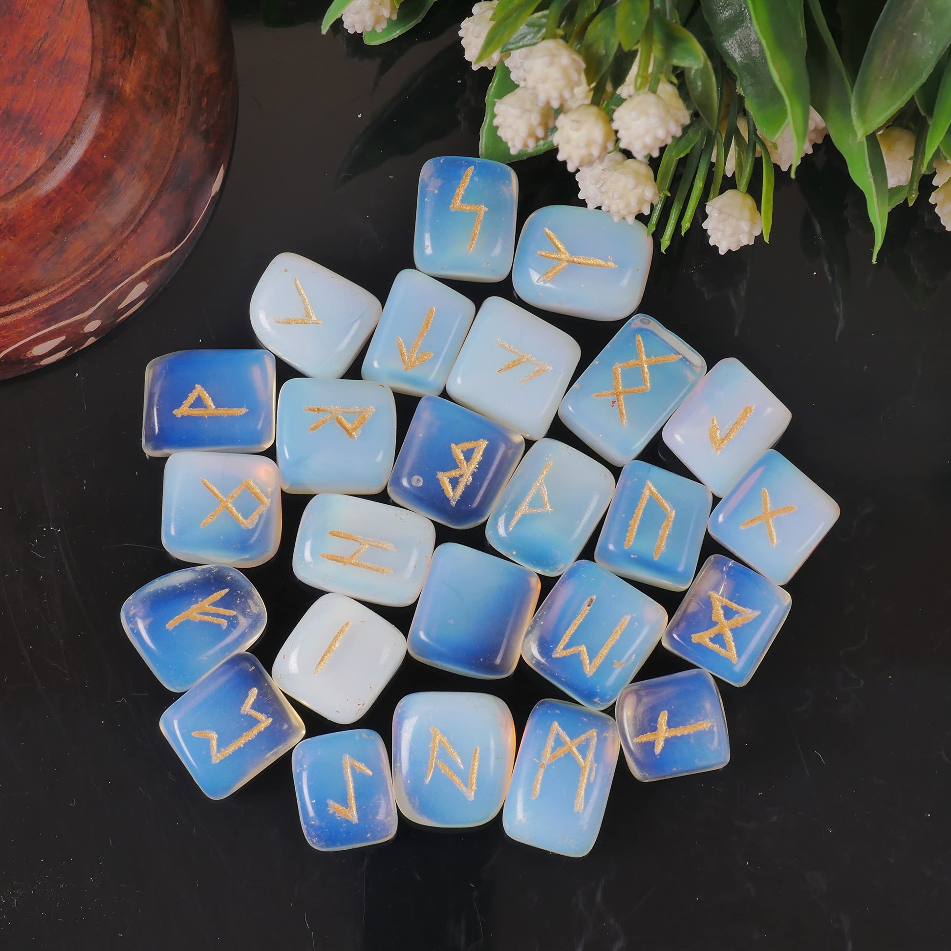 Opalite Rune Stone - Rune Set - Engraved Elder Futhark Alphabet Symbols - Witchcraft Crystals QUIPSA uk supplements