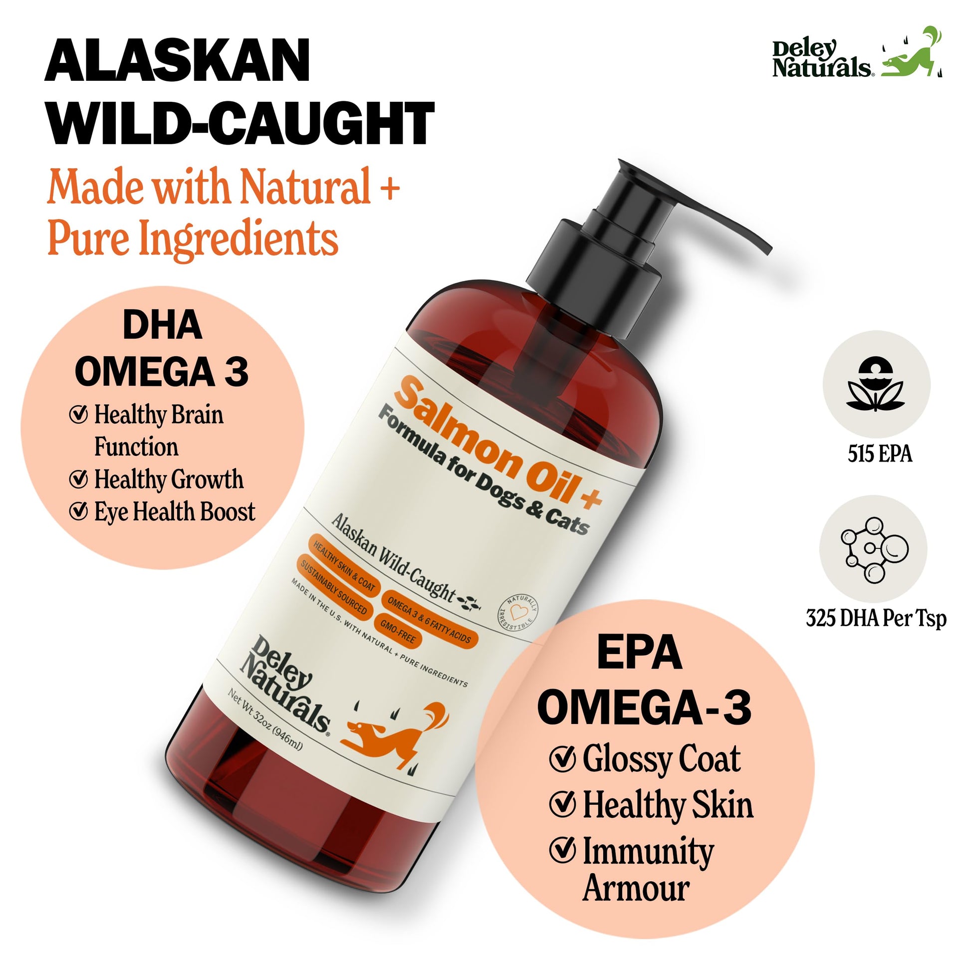 Deley Naturals Wild Alaskan Salmon Oil for Dogs & Cats - New and Improved Salmon Oil Plus Formula - Fish Oil for Dogs with Omega 3, DHA and EPA - Omega 3 for Healthy Skin and Coat - 32oz Made in USA Deley Naturals uk supplements