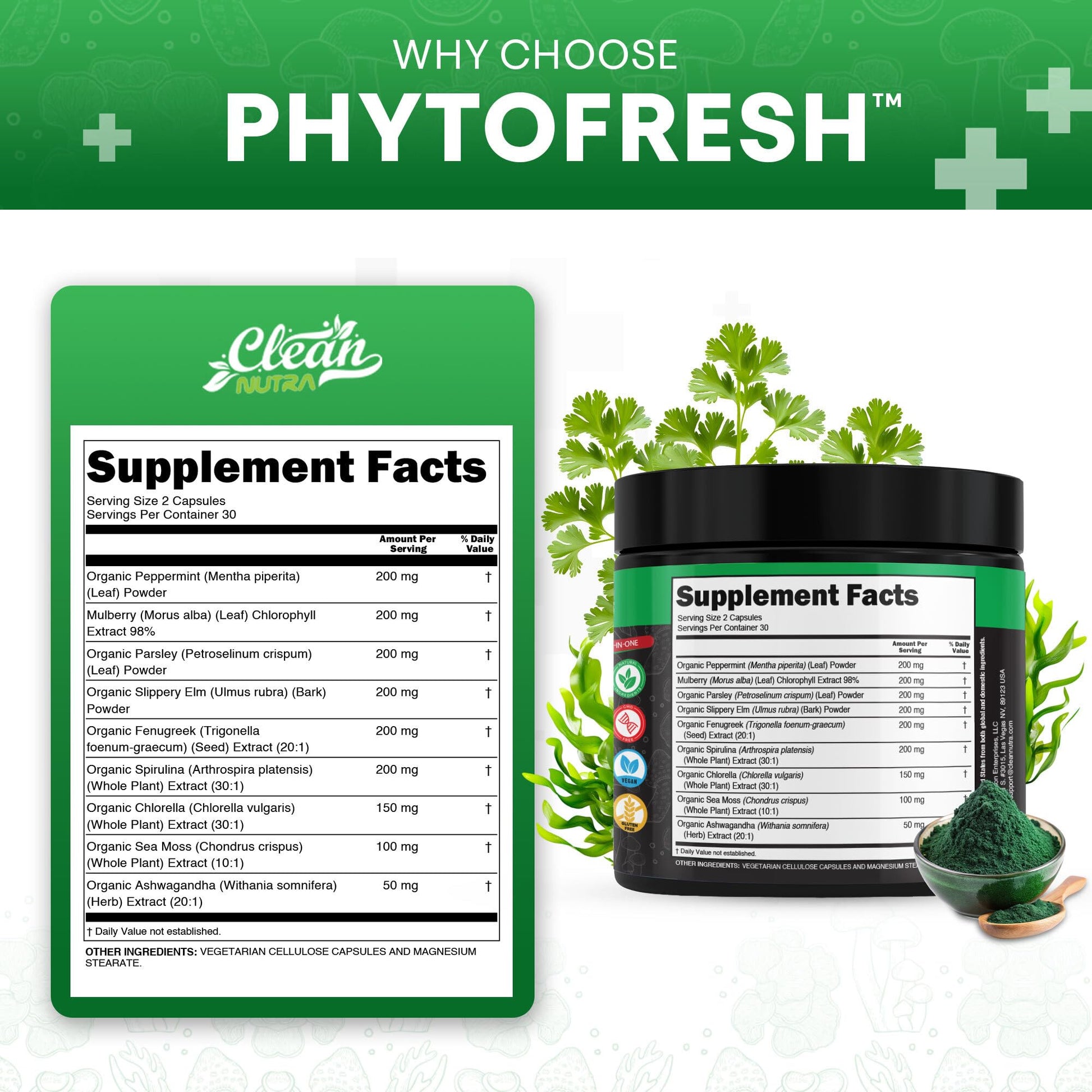 Clean Nutra Chlorophyll Capsules Supplement Internal Deodorant Peppermint, Sea Moss, Parsley, Chlorella, Spirulina, Slippery Elm, Ashwagandha, PhytoFresh Greens Detox Pills Clean Nutraceuticals uk supplements