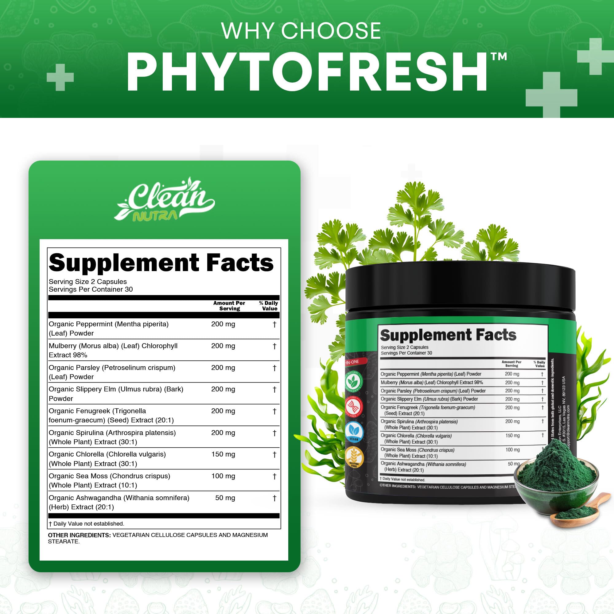 Clean Nutra Chlorophyll Capsules Supplement Internal Deodorant Peppermint, Sea Moss, Parsley, Chlorella, Spirulina, Slippery Elm, Ashwagandha, PhytoFresh Greens Detox Pills Clean Nutraceuticals uk supplements