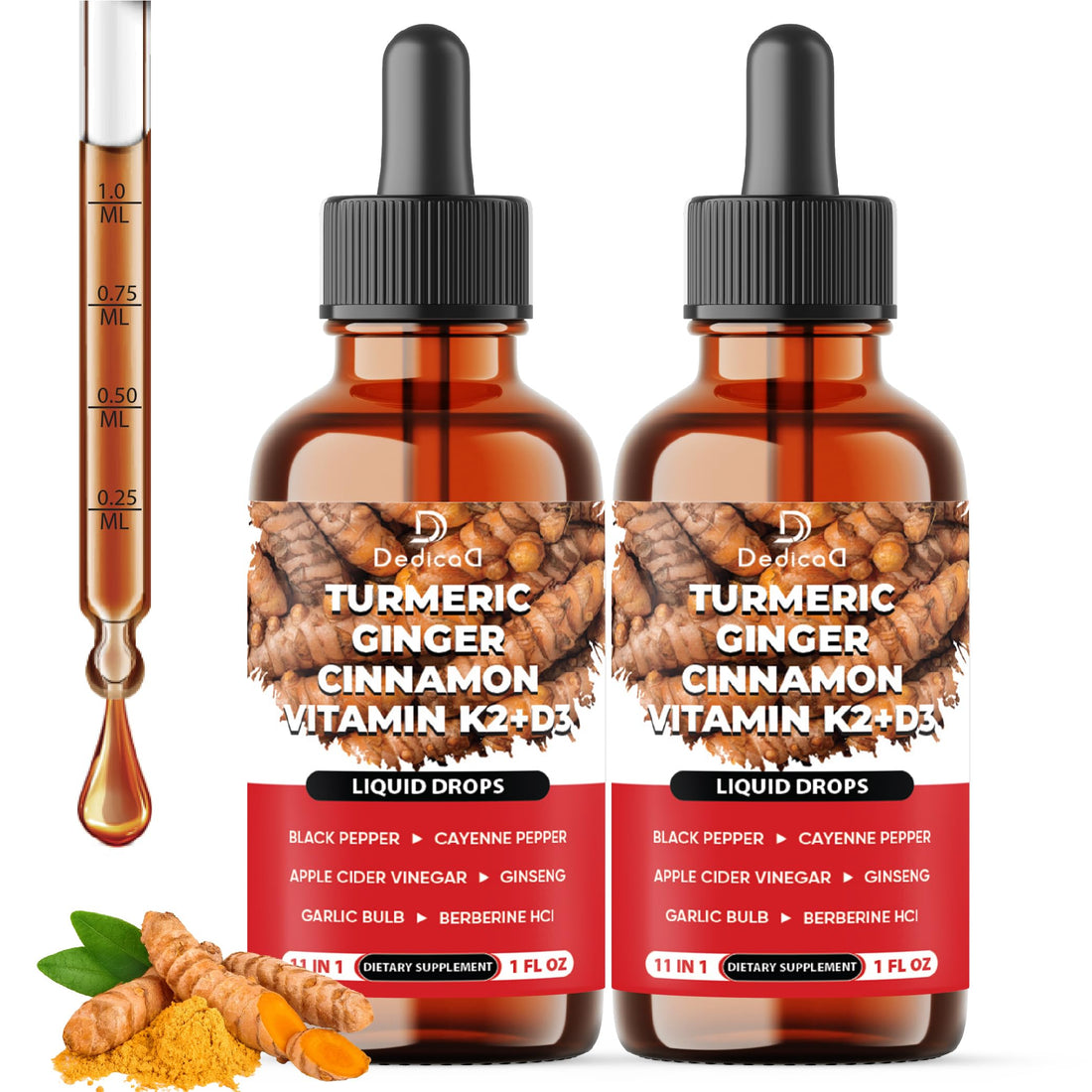 11in1 Turmeric Supplement for Health Heart & Wellness Support – with Ginger, Garlic, Ceylon Cinnamon, Berberine, Ginseng, Apple Cider Vinegar – 30ml Liquid Drops – 60 Servings DEDICAD uk supplements