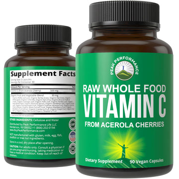 Peak Performance Raw Whole Food Natural Vitamin C Capsules from Acerola Cherry for Max Absorption. Vegan USA Sourced Vitamin C Supplement 90 Pills. 500 mg Serving or 2 Servings 1000mg Peak Performance uk supplements