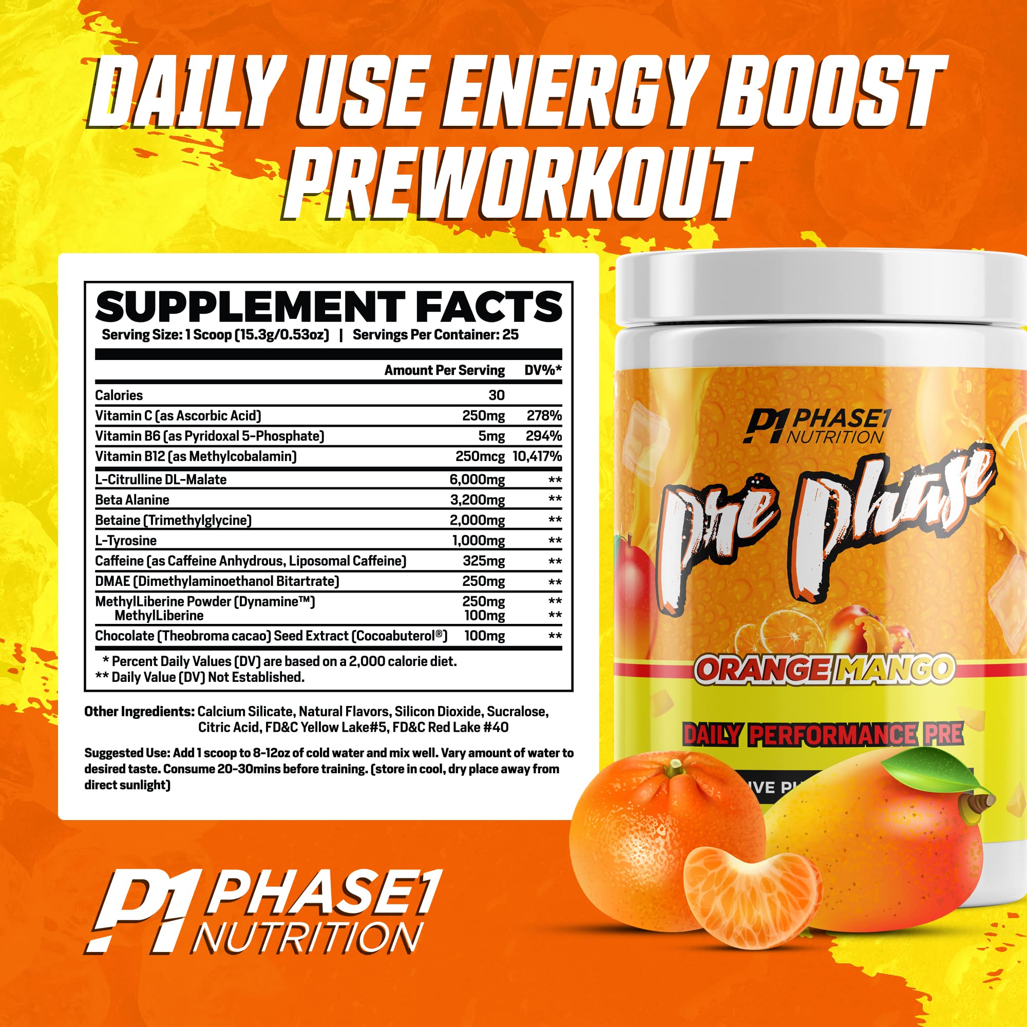 Pre Phase Daily Driver Orange Mango Pre Workout with 325mg Caffeine, Vitamin B12 Phase One Nutrition uk supplements