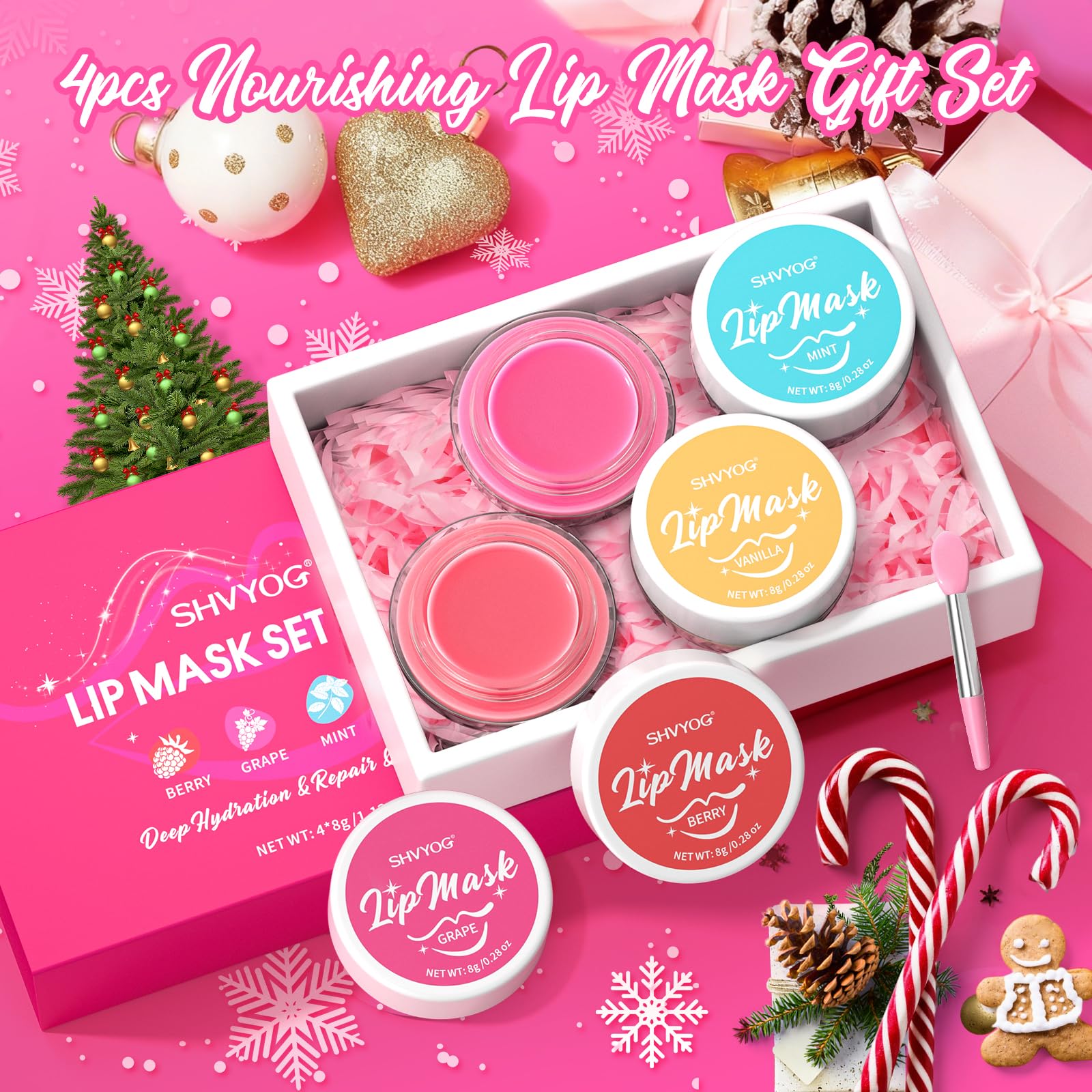 4 Pack Lip Mask Set, Hydrating Lip Mask Overnight - Berry, Grape, Mint, Vanilla Flavors, Lip Sleeping Mask Nourish Lip Balm with Vitamin C & Shea Butter | Dry Lips Care Gift SHVYOG uk supplements