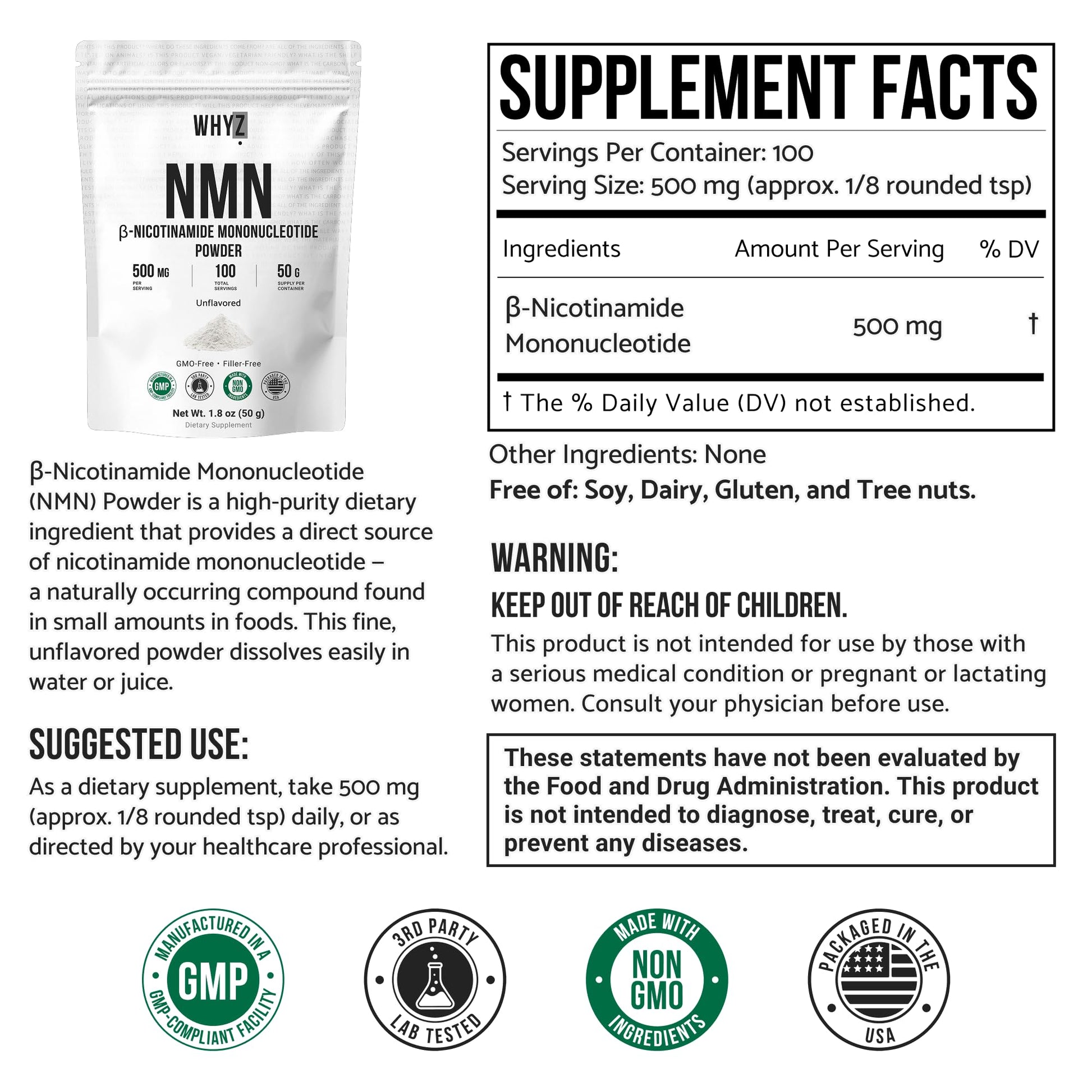 Pure NMN Powder Nicotinamide Mononucleotide Quick Dissolved NMN Supplement Powder 100% Unflavored NMN Supplement Supports NAD+ Levels Vegan Friendly Non-GMO, 50g WHYZ uk supplements