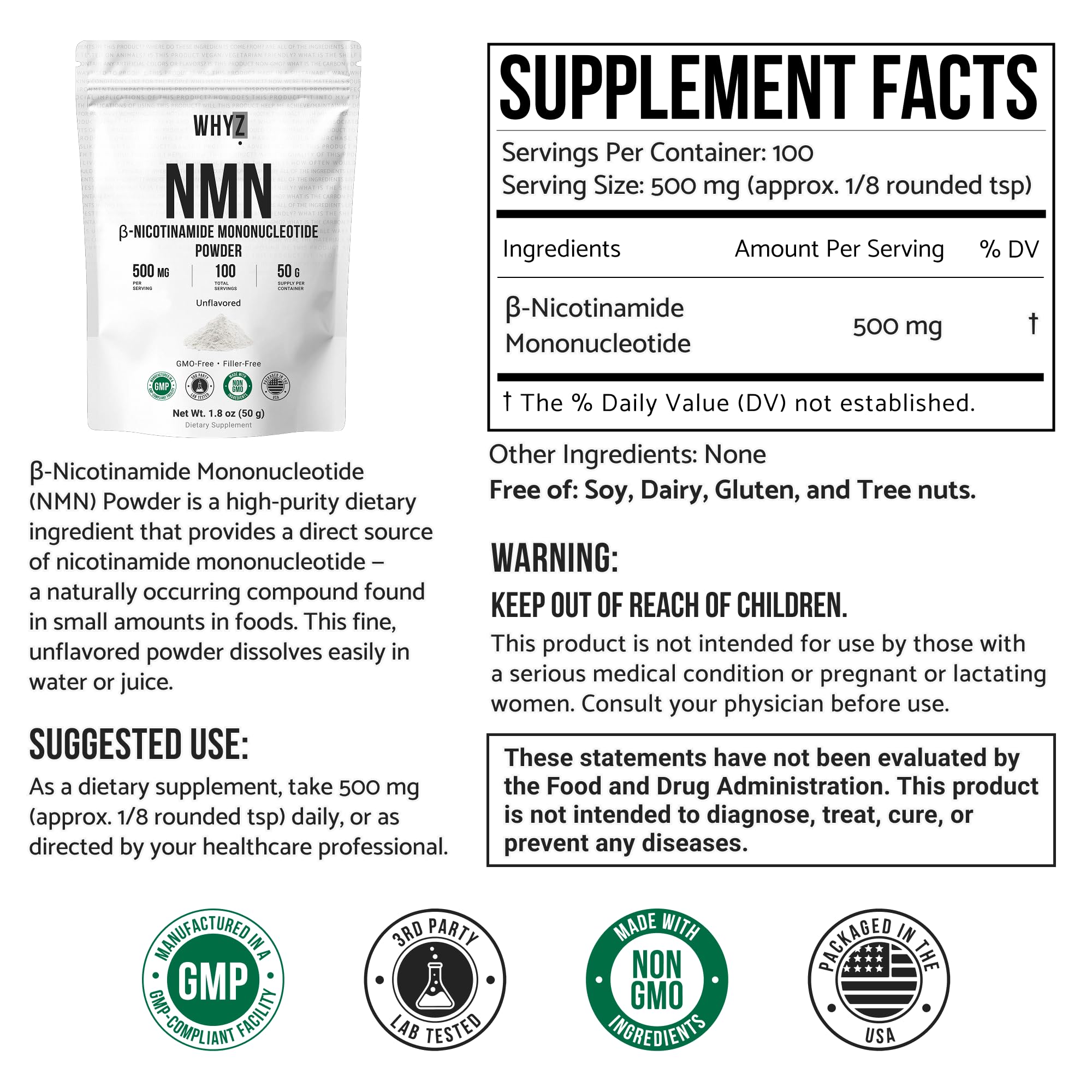 Pure NMN Powder Nicotinamide Mononucleotide Quick Dissolved NMN Supplement Powder 100% Unflavored NMN Supplement Supports NAD+ Levels Vegan Friendly Non-GMO, 50g WHYZ uk supplements