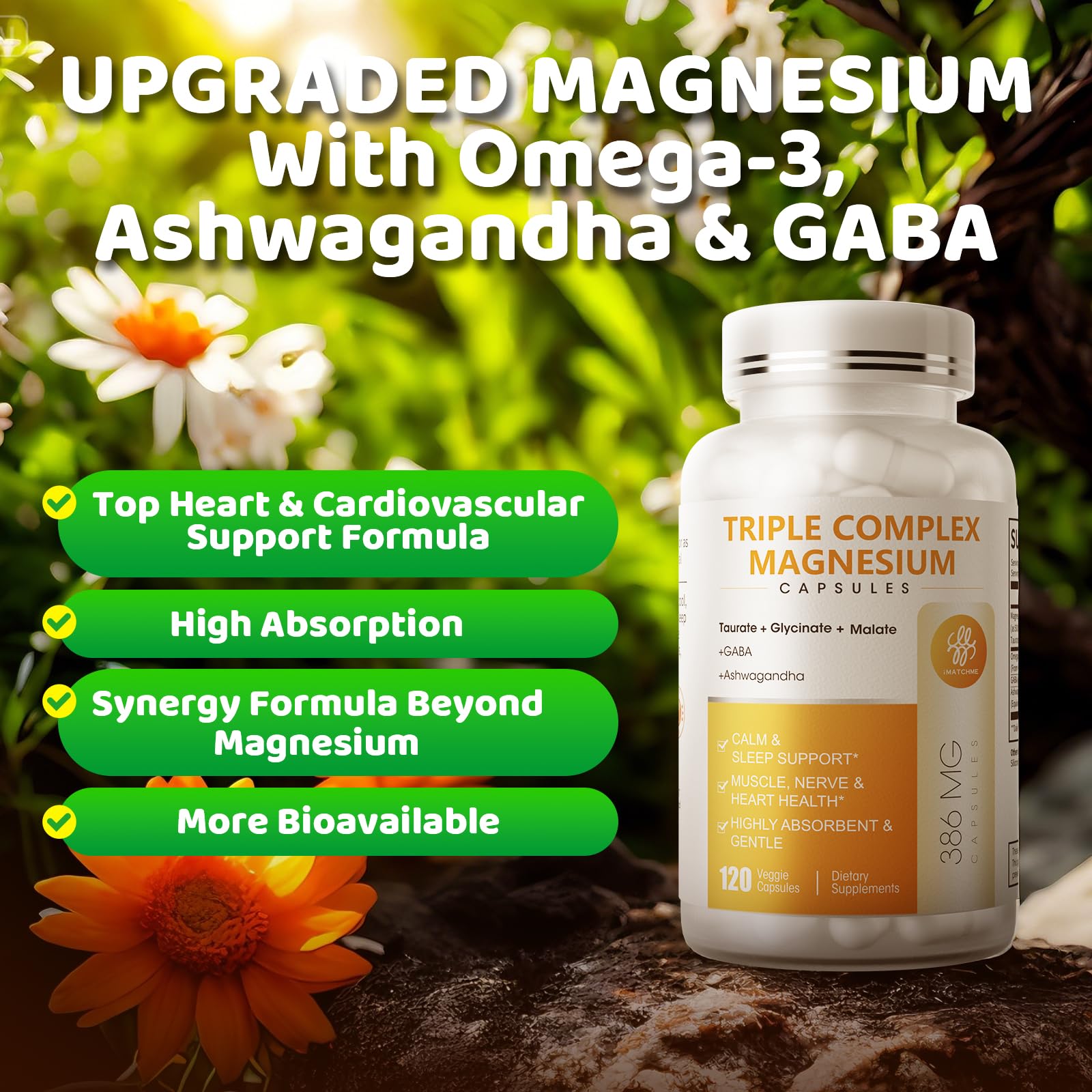 Triple Magnesium Complex - Magnesium Glycinate, Taurate & Malate Supplement with Omega3, Ashwagandha, GABA for Sleep, Brain Heart & Muscle Support - High Absorption and Gentle, Vegan, 120 Capsules iMATCHME uk supplements