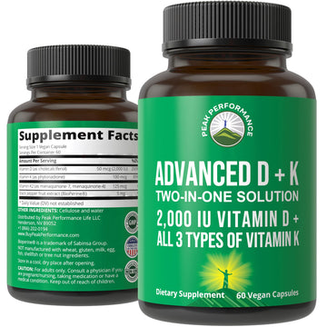 Peak Performance Advanced Vitamin D 2000 IU with All 3 Types of Vitamin K Vitamin D3 and Vitamin K2, K1, MK-7 (MK7), MK4 Supplements - 60 Small and Easy to Swallow Vegetable Pills Peak Performance uk supplements