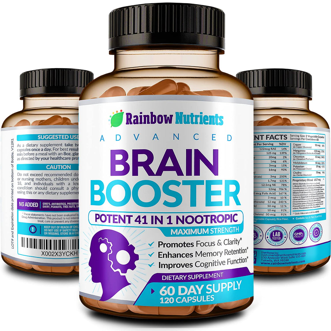 40-in-1 Brain Booster Supplements for Memory, Focus, Clarity, Energy, Performance | Natural Nootropic Brain Support Supplement with DMAE, Bacopa Monnieri & More | For Men & Women | 120 V Capsules Rainbow Nutrients, LLC uk supplements