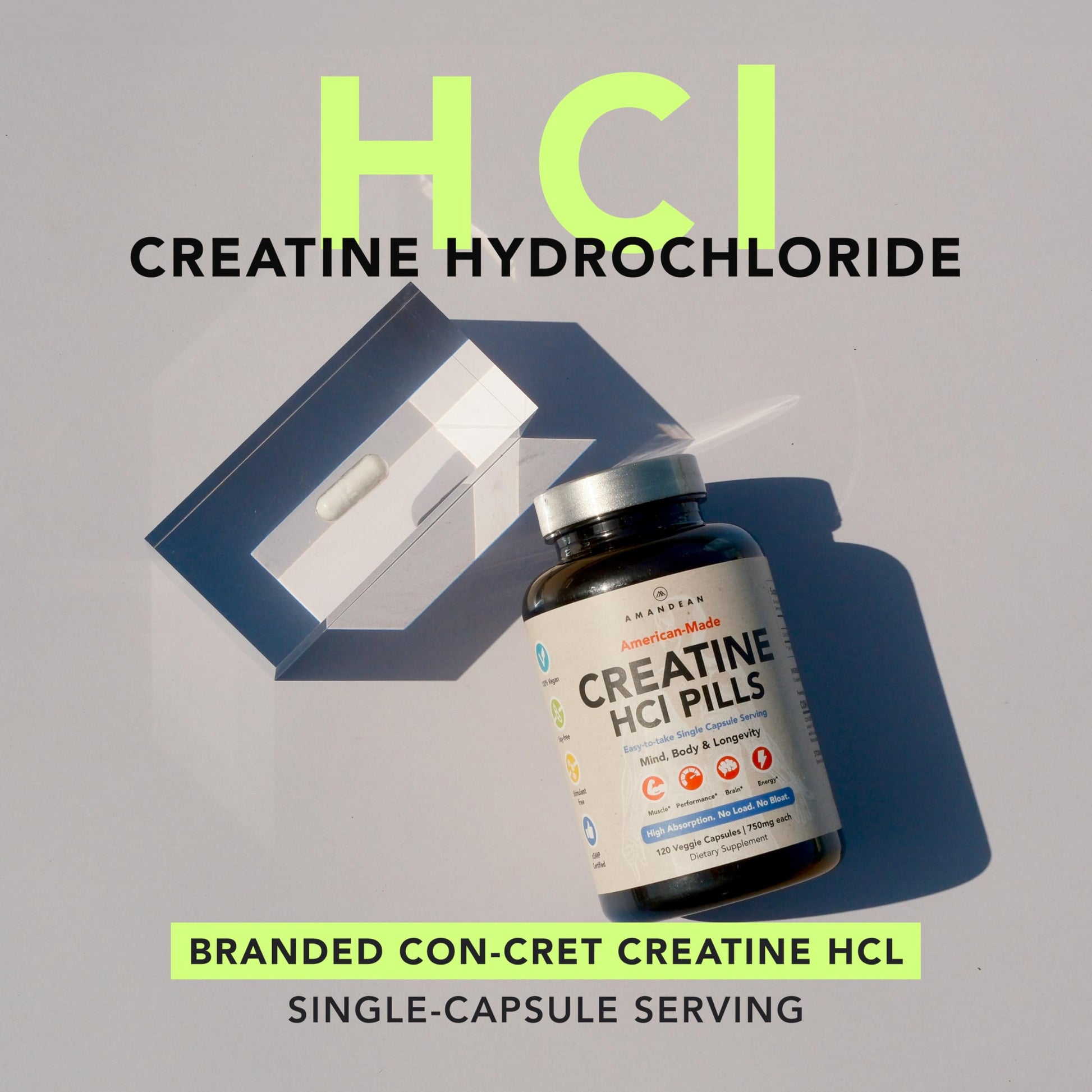 AMANDEAN Creatine HCl Pills. American Made CON-CRET. 120 Capsules. 7X Concentrated vs Monohydrate Powder. No Bloat. Muscle, Energy, Cognitive, Recovery Support for Men & Women. Gluten Free, Non-GMO. AMANDEAN uk supplements