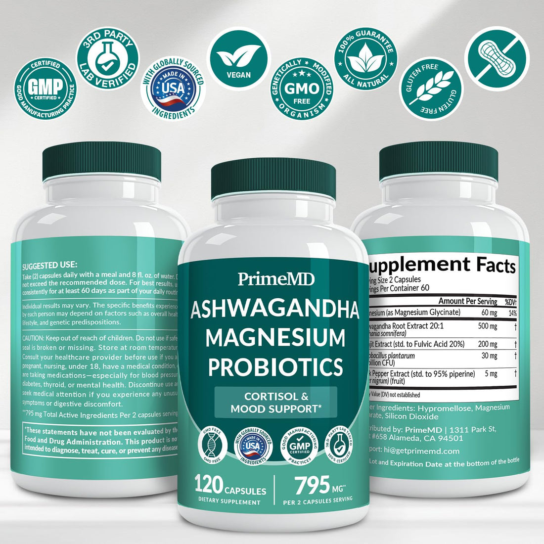 5-in-1 Cortisol Supplement for Women and Men with Ashwagandha for Calmness, Focus, and Adrenal Support Supplements with Shilajit Extract, Magnesium Glycinate, Probiotics (120 ct) (Pack of 1) PrimeMD uk supplements