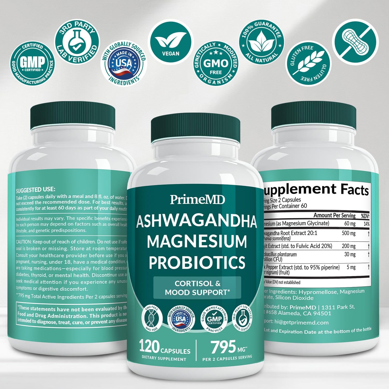 5-in-1 Cortisol Supplement for Women and Men with Ashwagandha for Calmness, Focus, and Adrenal Support Supplements with Shilajit Extract, Magnesium Glycinate, Probiotics (120 ct) (Pack of 1) PrimeMD uk supplements