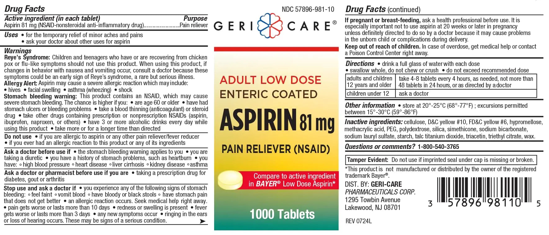 Low dose Baby Aspirin 81mg for Adults. (NSAID) | Made in USA | (Value Pack 1,000 Enteric Coated Tablets) MedRite uk supplements