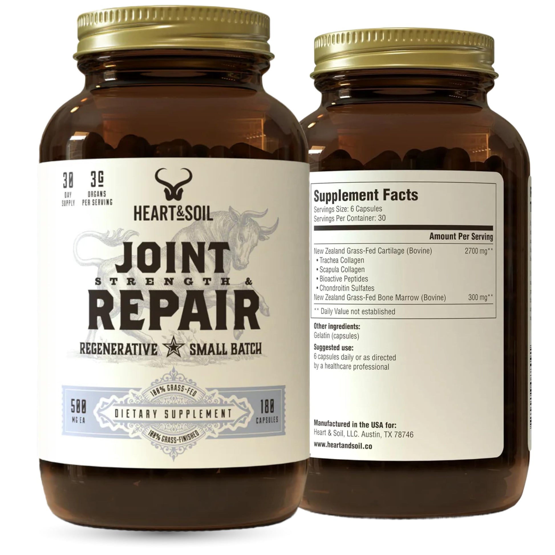 Heart & Soil 100% Grass Fed & Finished Joint Support Supplement from Regenerative Cattle with Trachea, Scapula & Bone Marrow – Supports Joint Strength & Mobility – 3000mg – Glass Bottle – 180 Capsules HEART & SOIL uk supplements