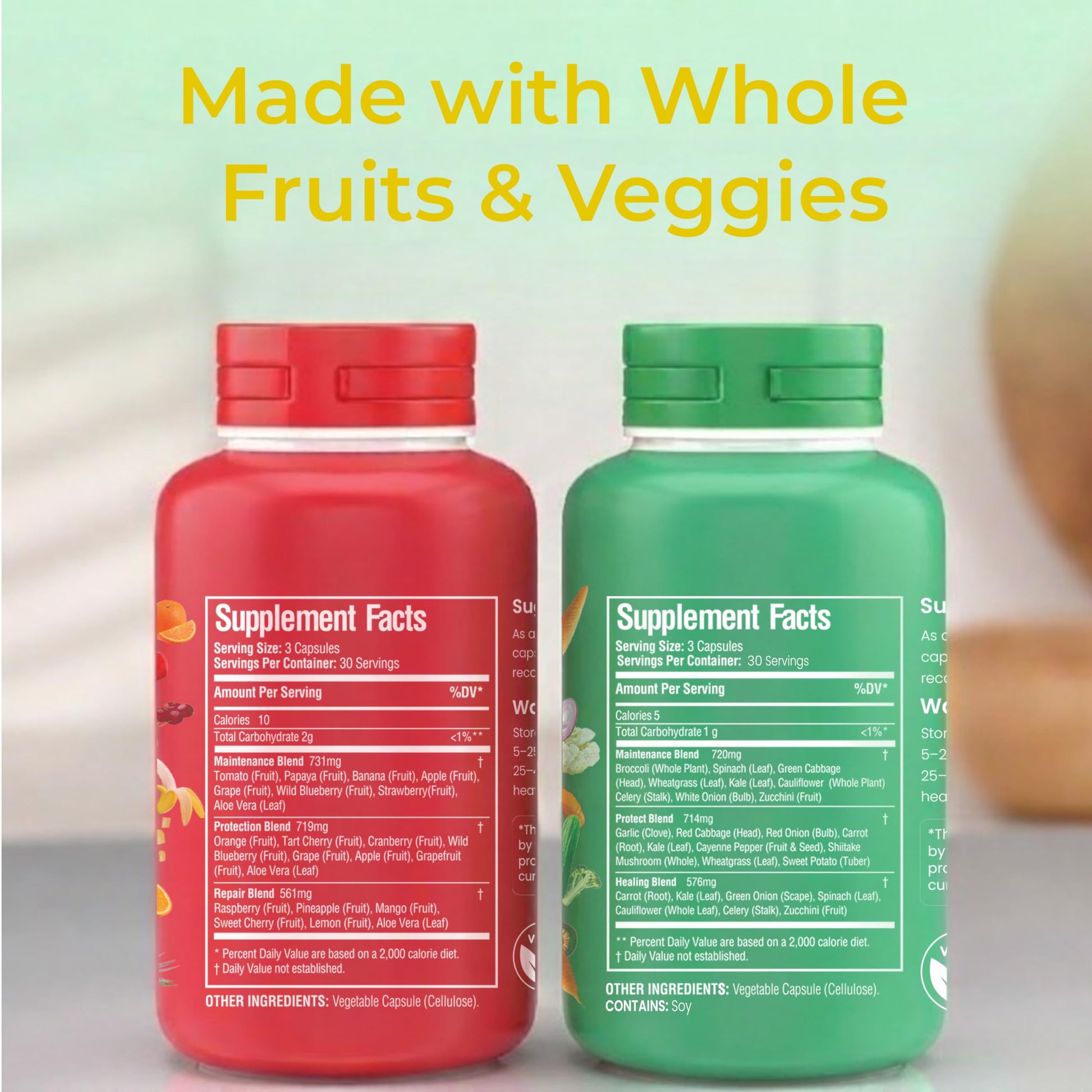 Fruits and Veggies Whole Produce Dietary Supplement with Superfood Fruits and Vegetables for Men, Women and Kids, 90 Fruit Capsules, 90 Veggie Capsules - 1 Set NATURAL GREENS uk supplements