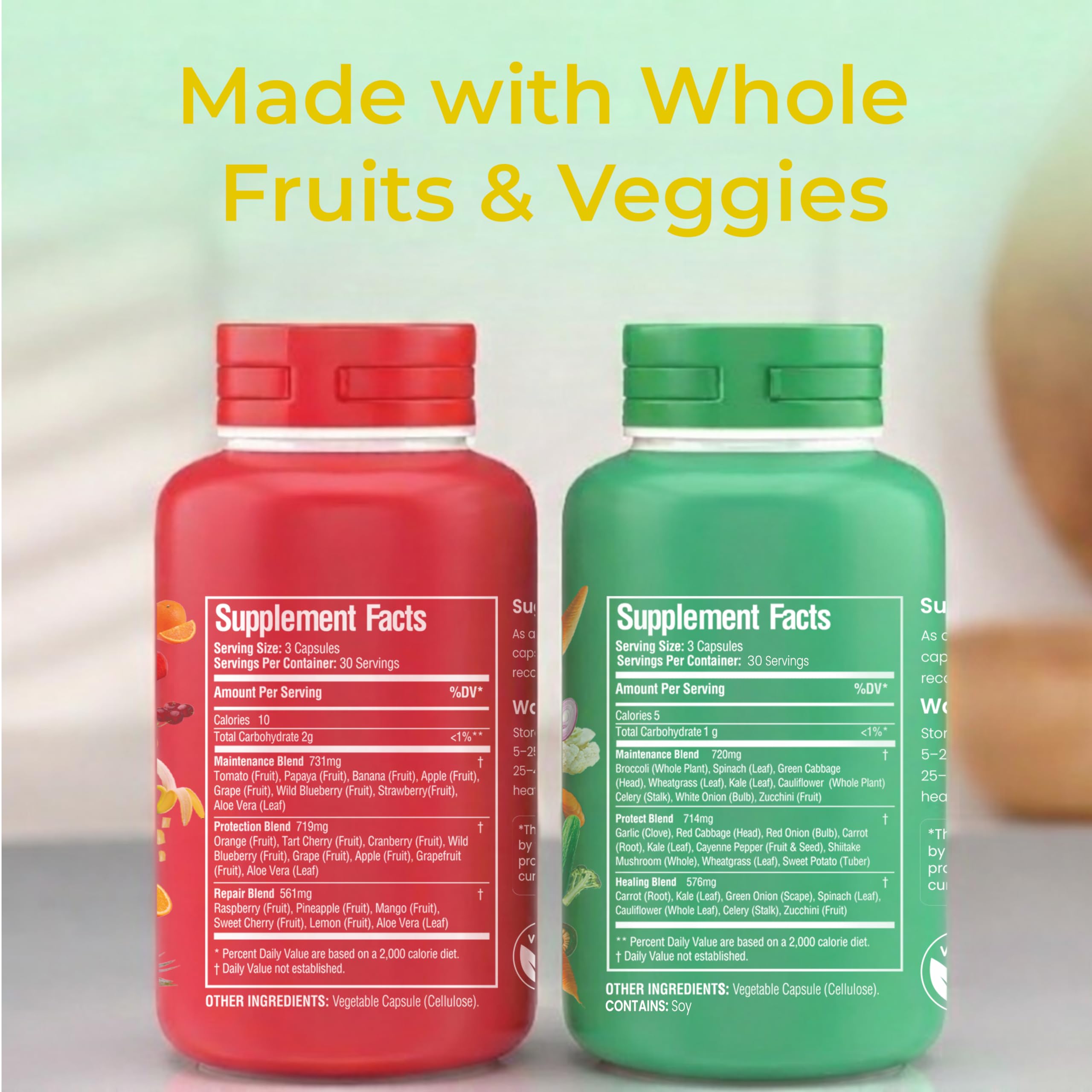 Fruits and Veggies Whole Produce Dietary Supplement with Superfood Fruits and Vegetables for Men, Women and Kids, 90 Fruit Capsules, 90 Veggie Capsules - 1 Set NATURAL GREENS uk supplements