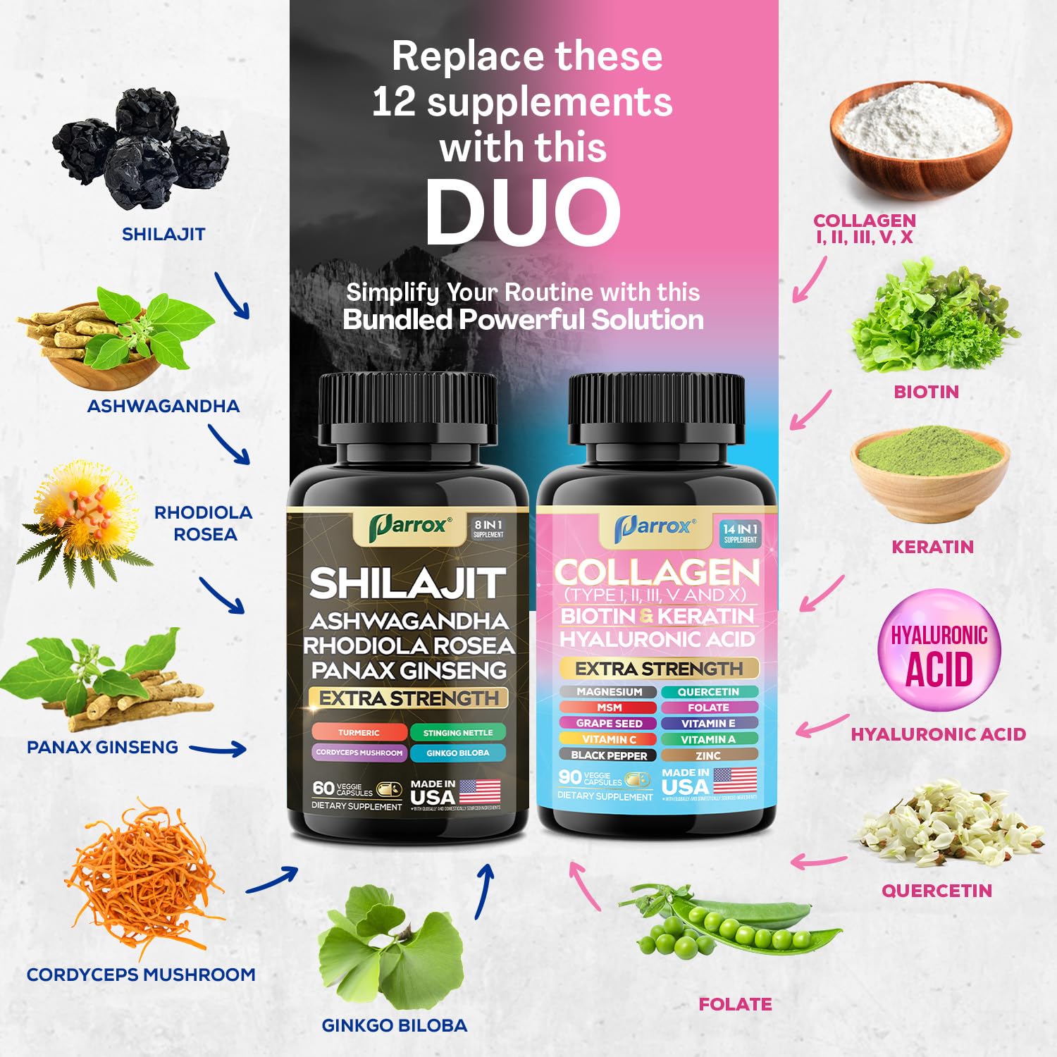 Parrox Adaptogen & Beauty Bundle – Rhodiola, Panax Ginseng, Ashwagandha, Cordyceps, Turmeric, Collagen, Biotin, Keratin, MSM, Hyaluronic Acid, Zinc, Quercetin, Vitamin C, A & E, Folate, Magnesium Parrox uk supplements