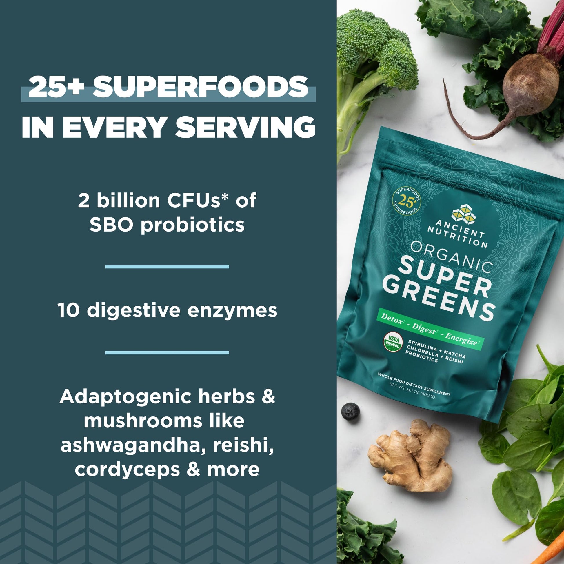 Ancient Nutrition Super Greens Powder, Organic Superfood Powder with Probiotics Made with Spirulina, Chlorella, Matcha, and Digestive Enzymes, 50 Servings, 14.1 oz Ancient Nutrition uk supplements