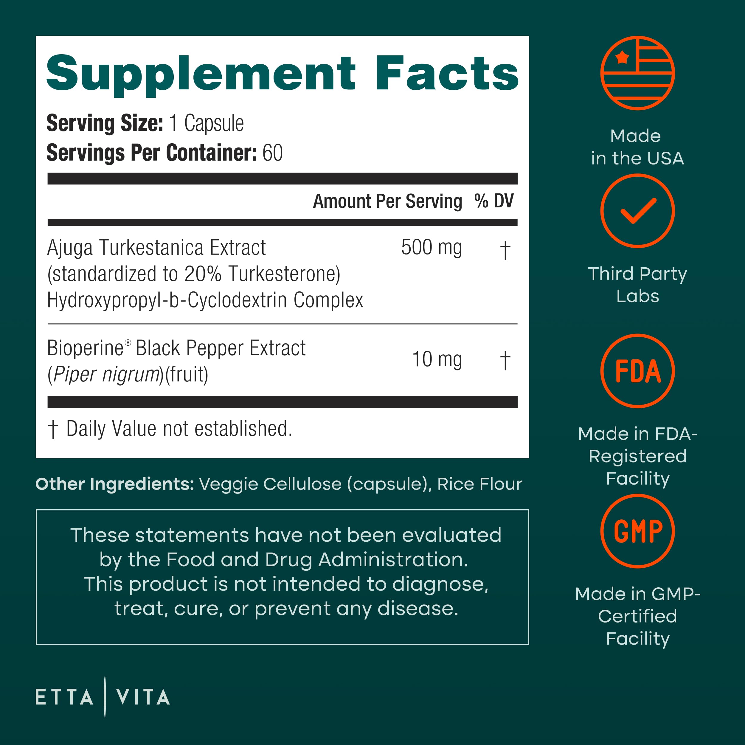 Potent Turkesterone Supplement, 2X Pure (Made in USA - 3rd Party Tested) Most Bioavailable and Natural Test Support Supplement, Supports Energy Lean Muscle Health, Recovery and Stamina, Vegan (60ct) Etta Vita uk supplements