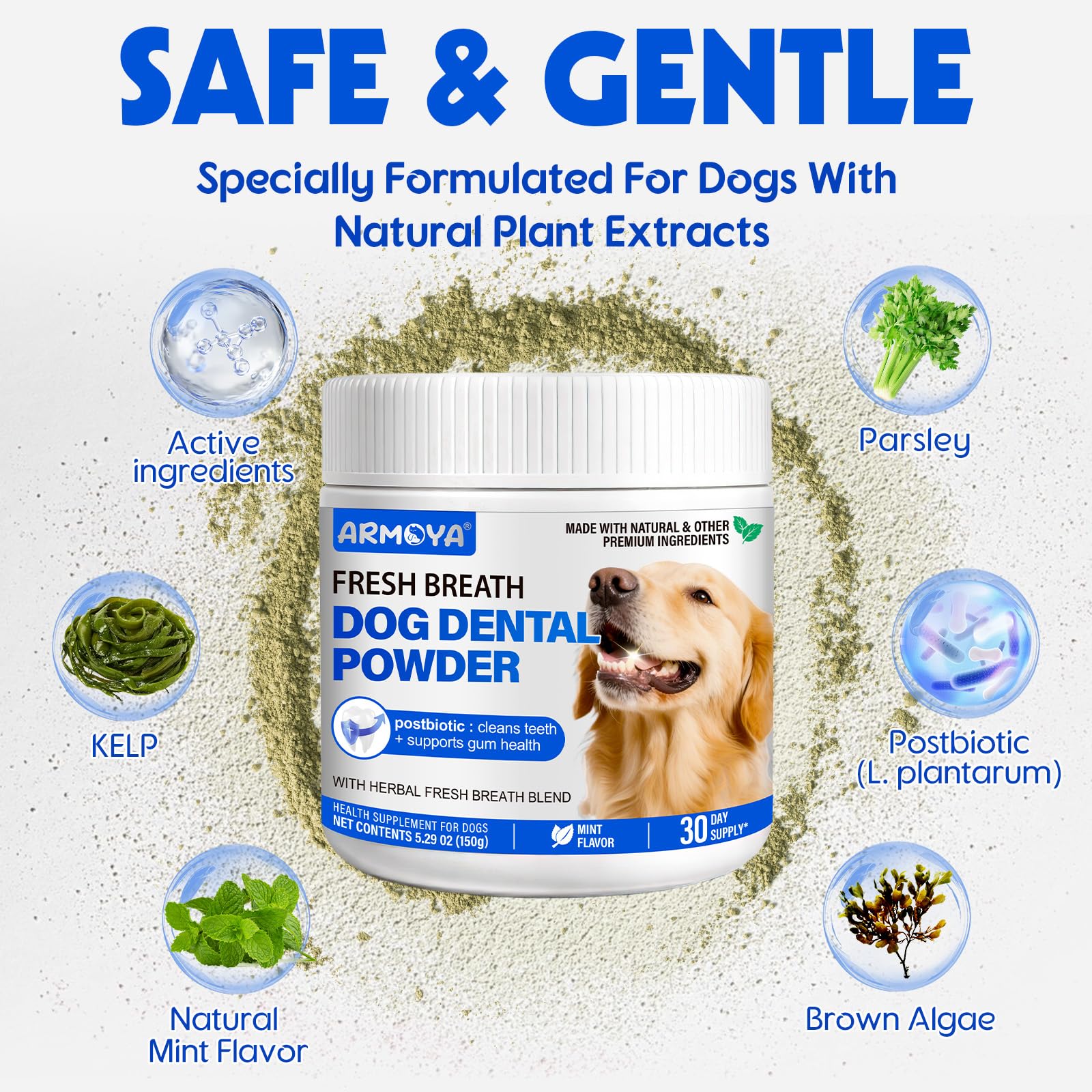 Dog Teeth Cleaning Powder - Dental Powder for Dogs Teeth - Plaque Removal - Supports Gum Health - Tartar Remover with Natural Herb Blend and Postbiotics 30 Day Supply - Mint Flavor ARMOYA uk supplements