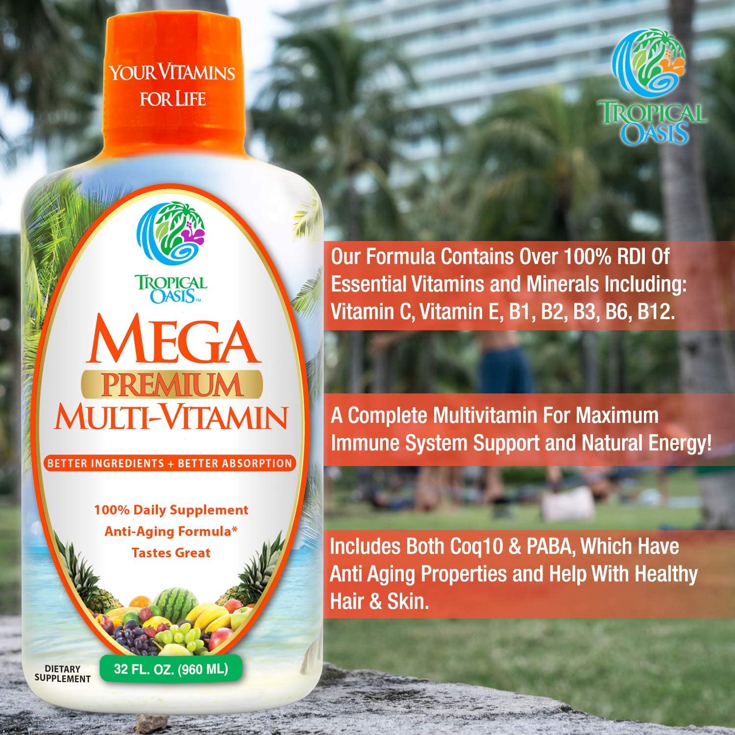 Mega Premium Liquid Multivitamin | Natural Immune Support Vitamin w/ 1333% Vitamin C, 200% D3, Zinc + 20 Vitamins, 70 Minerals, & 21 Amino Acids | Sugar Free | Orange Flavor | 98% Absorption | 32 Serv Tropical Oasis uk supplements
