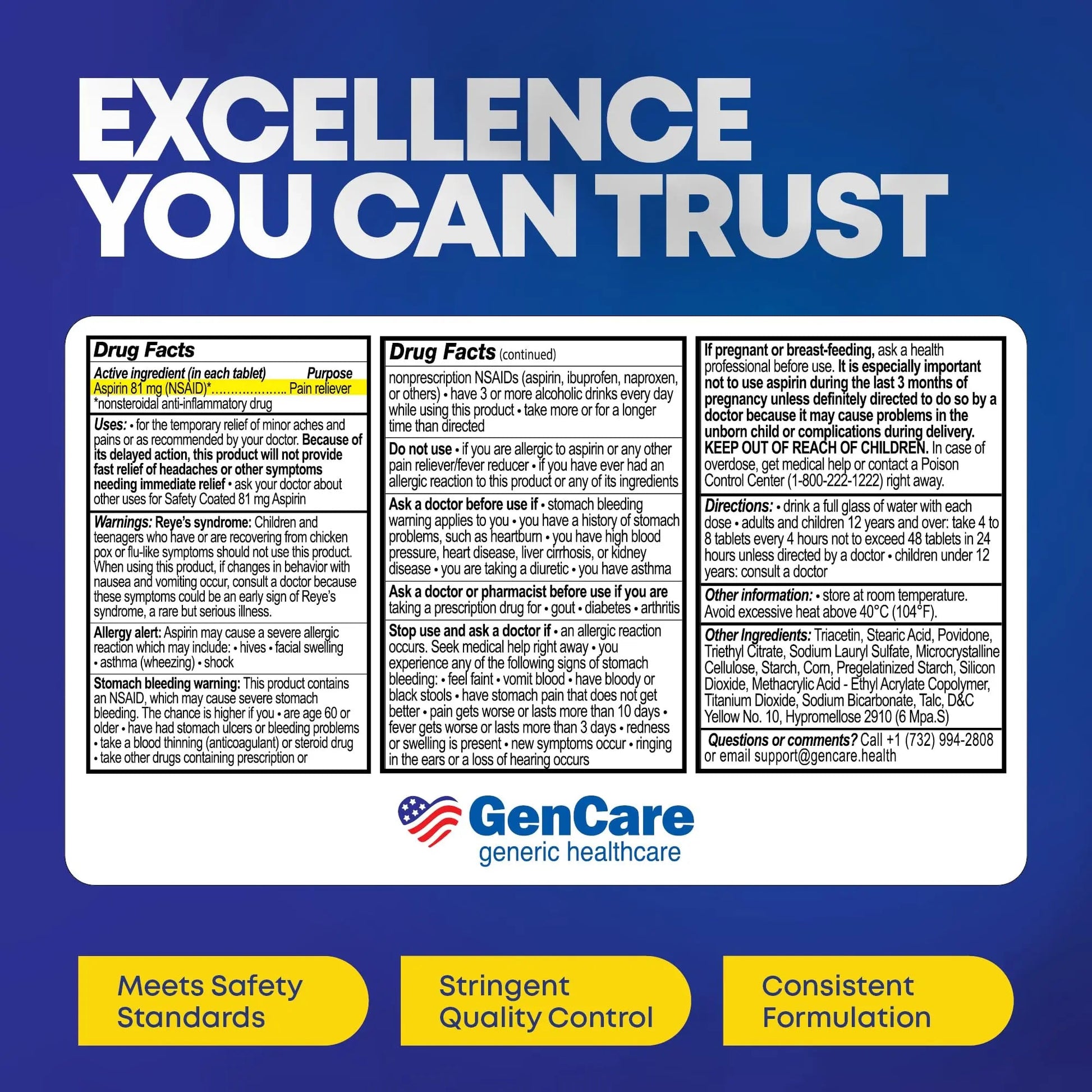 GenCare - Low Dose Aspirin 81mg for Adults Coated (NSAID) 500 Tablets | Adult Low Dose | Enteric Coated Aspirin Pills | Muscle Pain & Menstrual Pain Relief | Fever Reducer | Generic Bayer GenCare uk supplements
