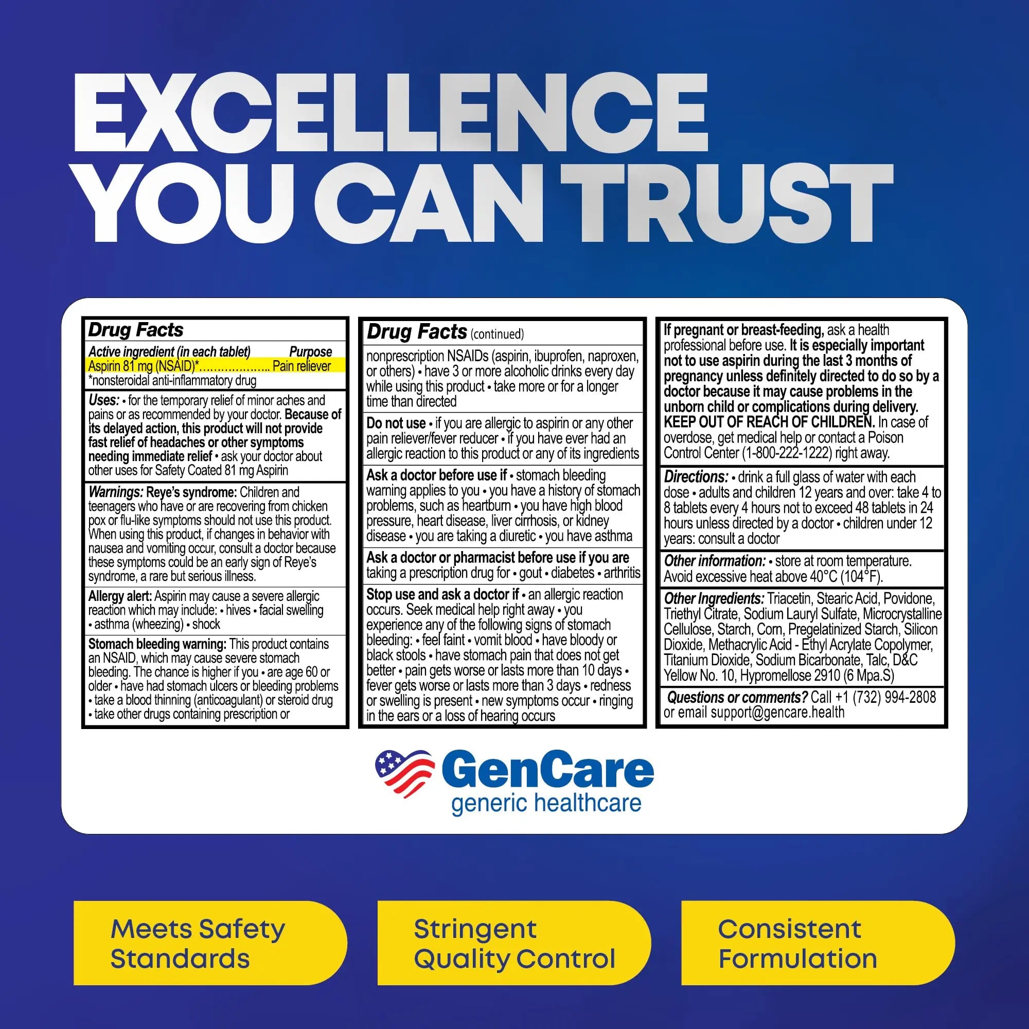 GenCare - Low Dose Aspirin 81mg for Adults Coated (NSAID) 500 Tablets | Adult Low Dose | Enteric Coated Aspirin Pills | Muscle Pain & Menstrual Pain Relief | Fever Reducer | Generic Bayer GenCare uk supplements