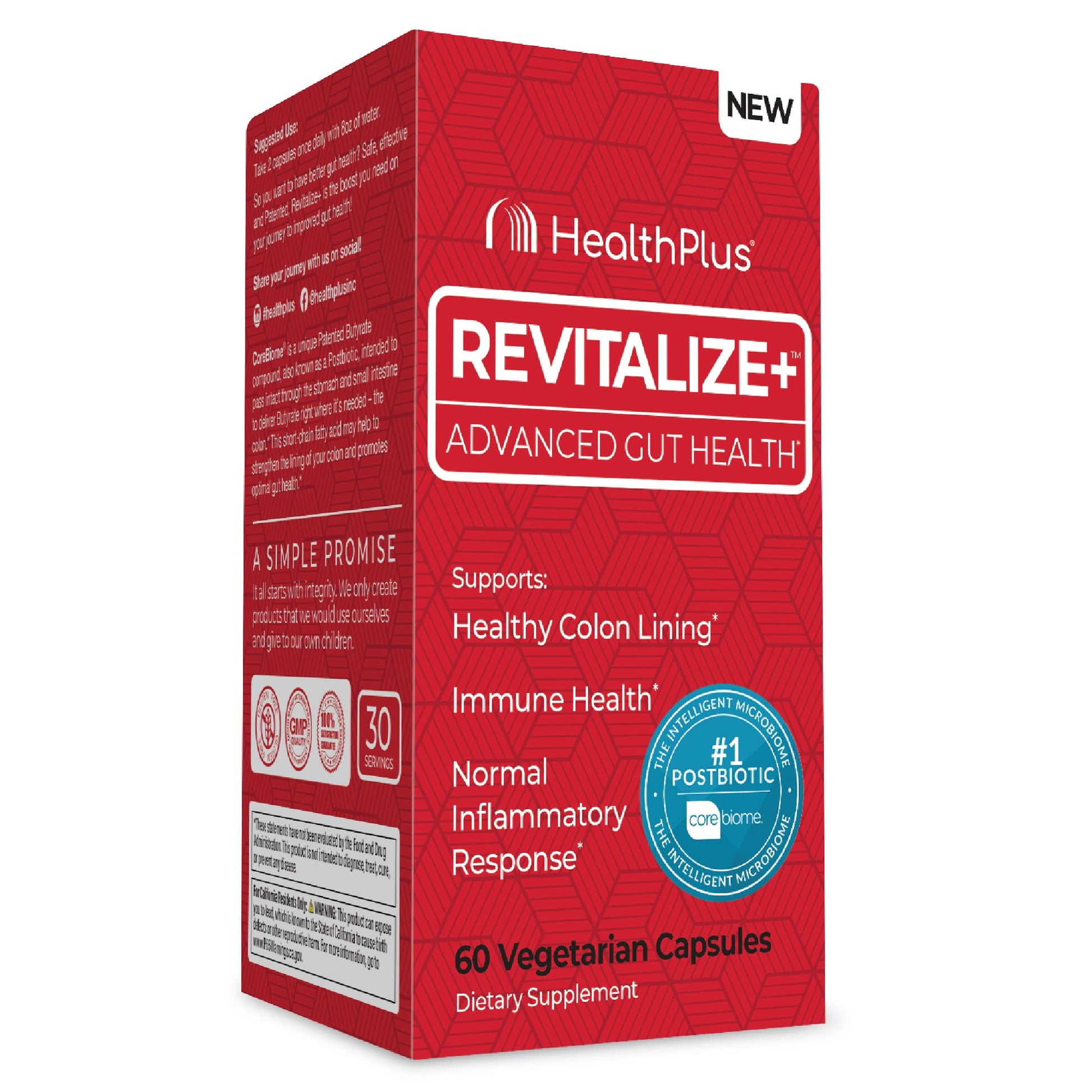 Health Plus Revitalize+ CoreBiome Butyrate Postbiotic for Complete Digestive Health, Leaky Gut & Colon | Gut Health Supplement for Men & Women | 60 Capsules, 30 Servings Health Plus uk supplements