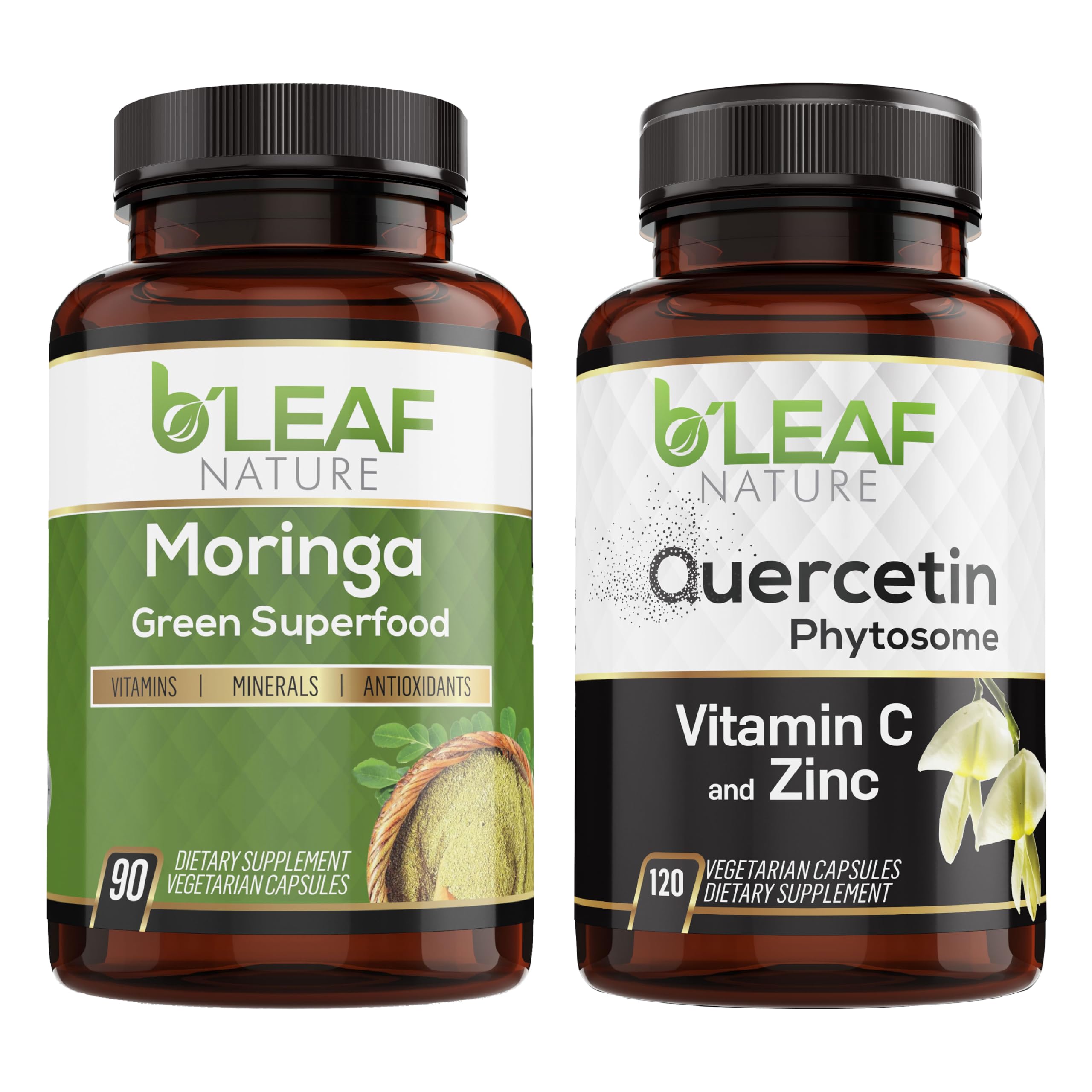 B'LEAF NATURE Moringa and Quercetin Bundle - Non-GMO, Vegan, High Absorption Capsules - 1000mg Quercetin Phytosome Blend + 1000mg Moringa - Natural Energy, Wellness and Immune Support Supplements B'LEAF NATURE uk supplements