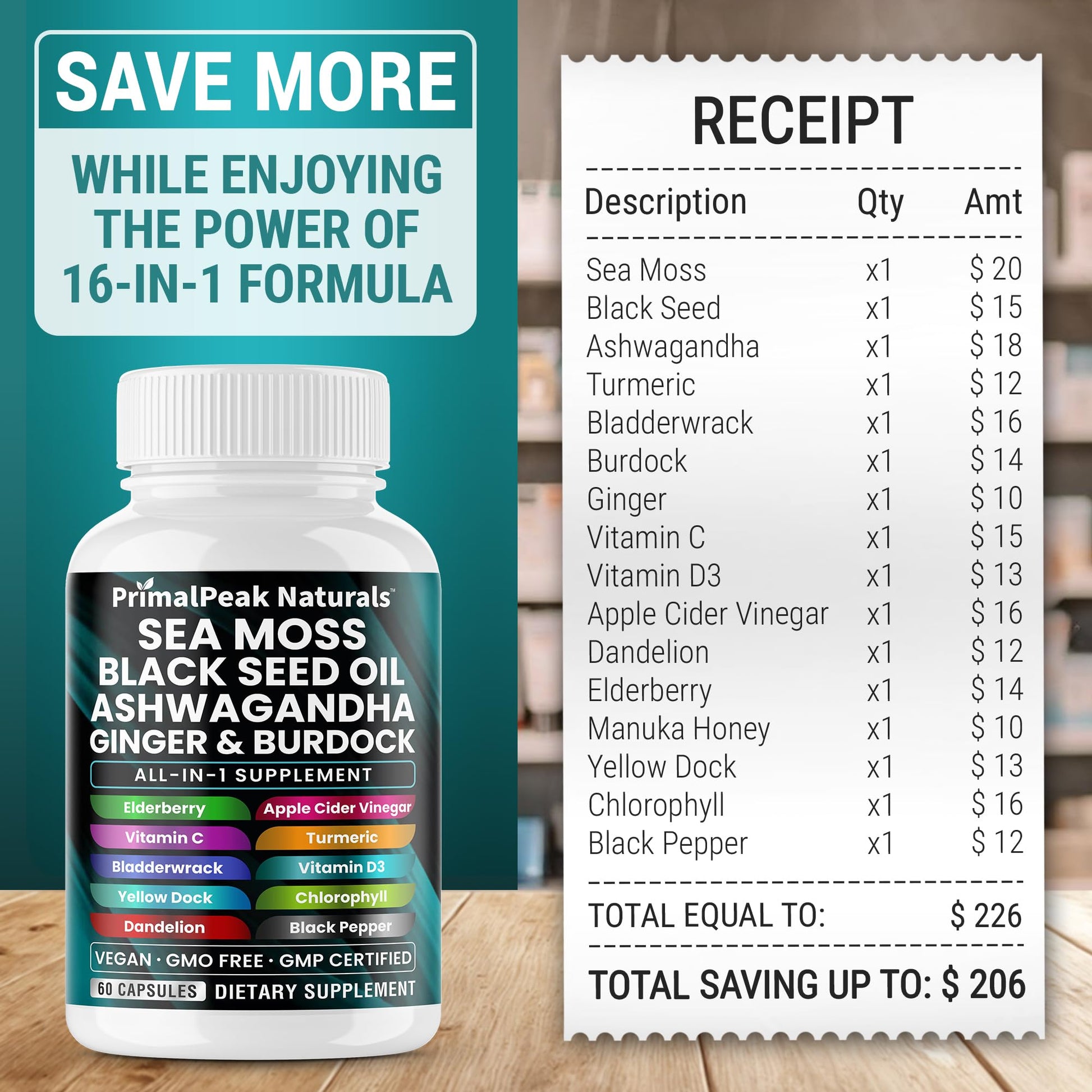 PrimalPeak Naturals Sea Moss Black Seed Oil Ashwagandha Ginger Burdock Bladderwrack Turmeric & Vitamin C Vitamin D3 with ACV Elderberry Chlorophyll Dandelion Yellow Dock Vegan Capsules - 60 Count PrimalPeak Naturals uk supplements