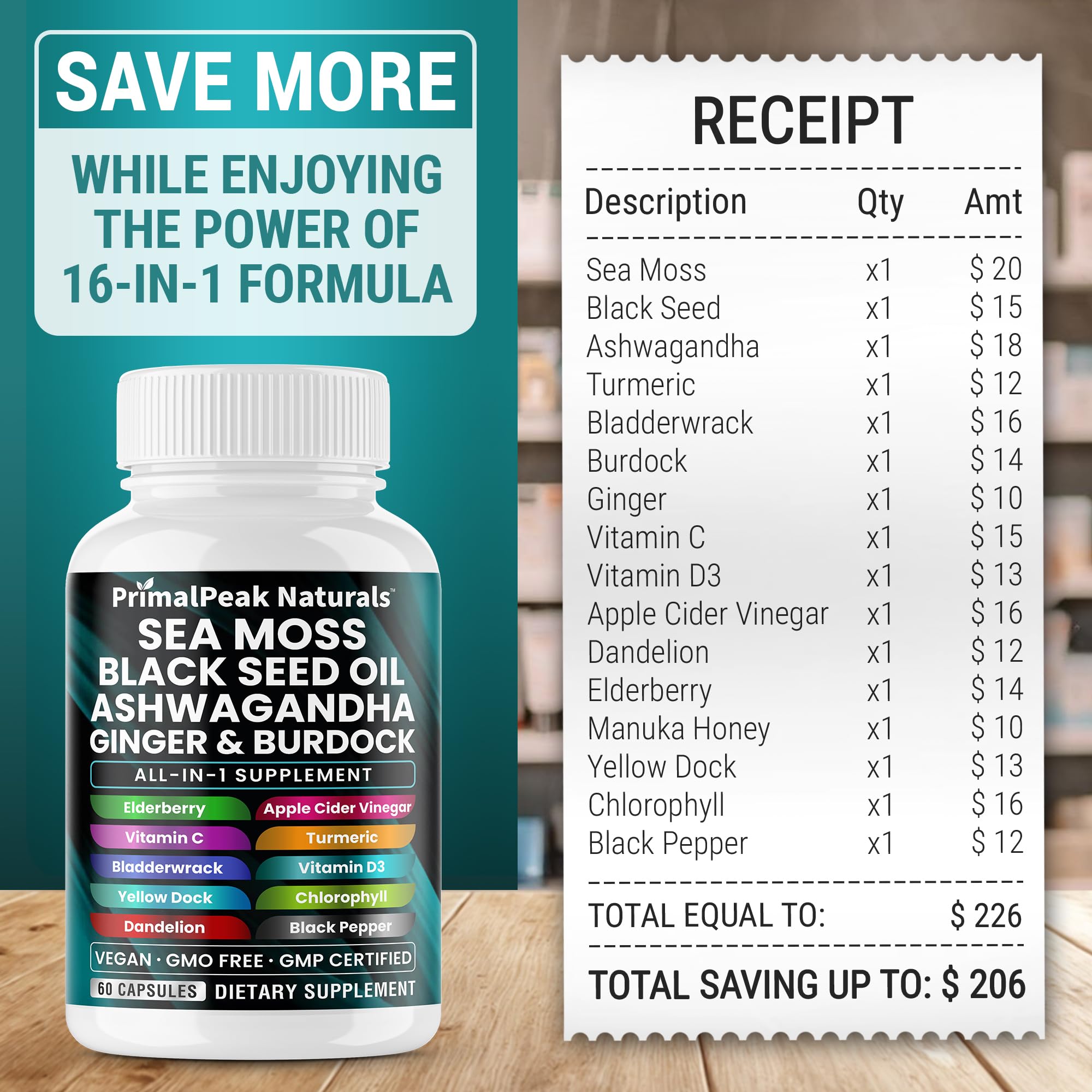PrimalPeak Naturals Sea Moss Black Seed Oil Ashwagandha Ginger Burdock Bladderwrack Turmeric & Vitamin C Vitamin D3 with ACV Elderberry Chlorophyll Dandelion Yellow Dock Vegan Capsules - 60 Count PrimalPeak Naturals uk supplements