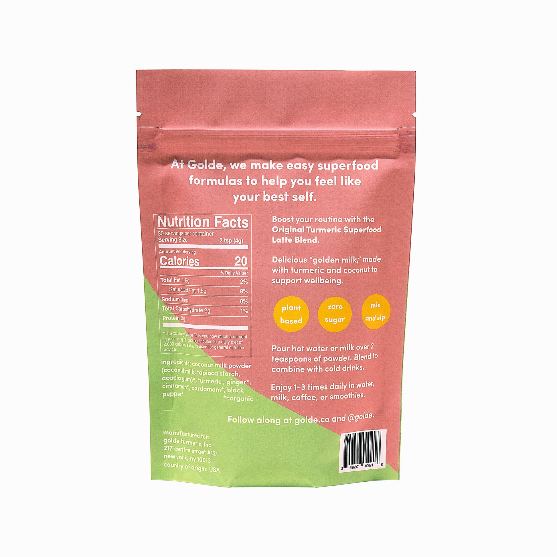 GOLDE - Superfood Latte Blend - Original Turmeric - Plant-Based w/Coconut, & Ginger - Vegan, Keto, Sugar-Free - 30 Servings GOLDE uk supplements