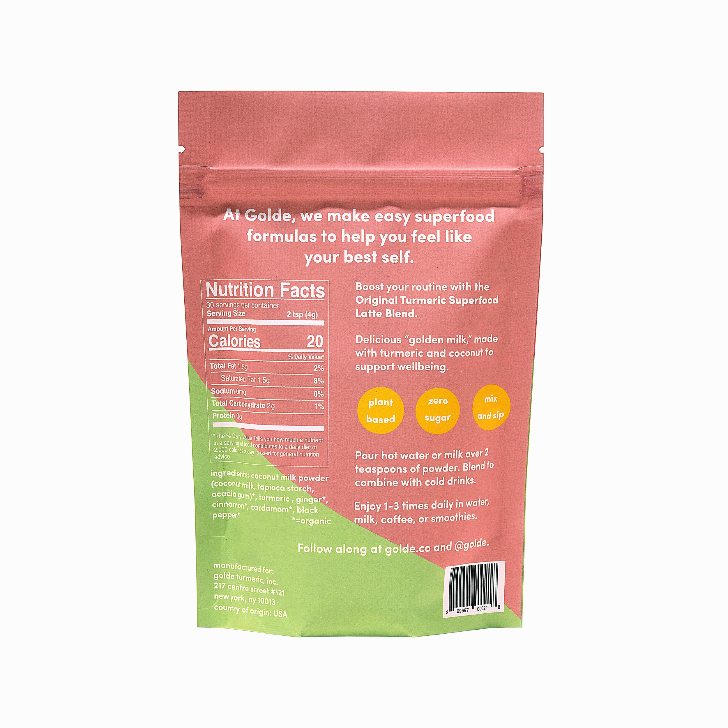 GOLDE - Superfood Latte Blend - Original Turmeric - Plant-Based w/Coconut, & Ginger - Vegan, Keto, Sugar-Free - 30 Servings GOLDE uk supplements