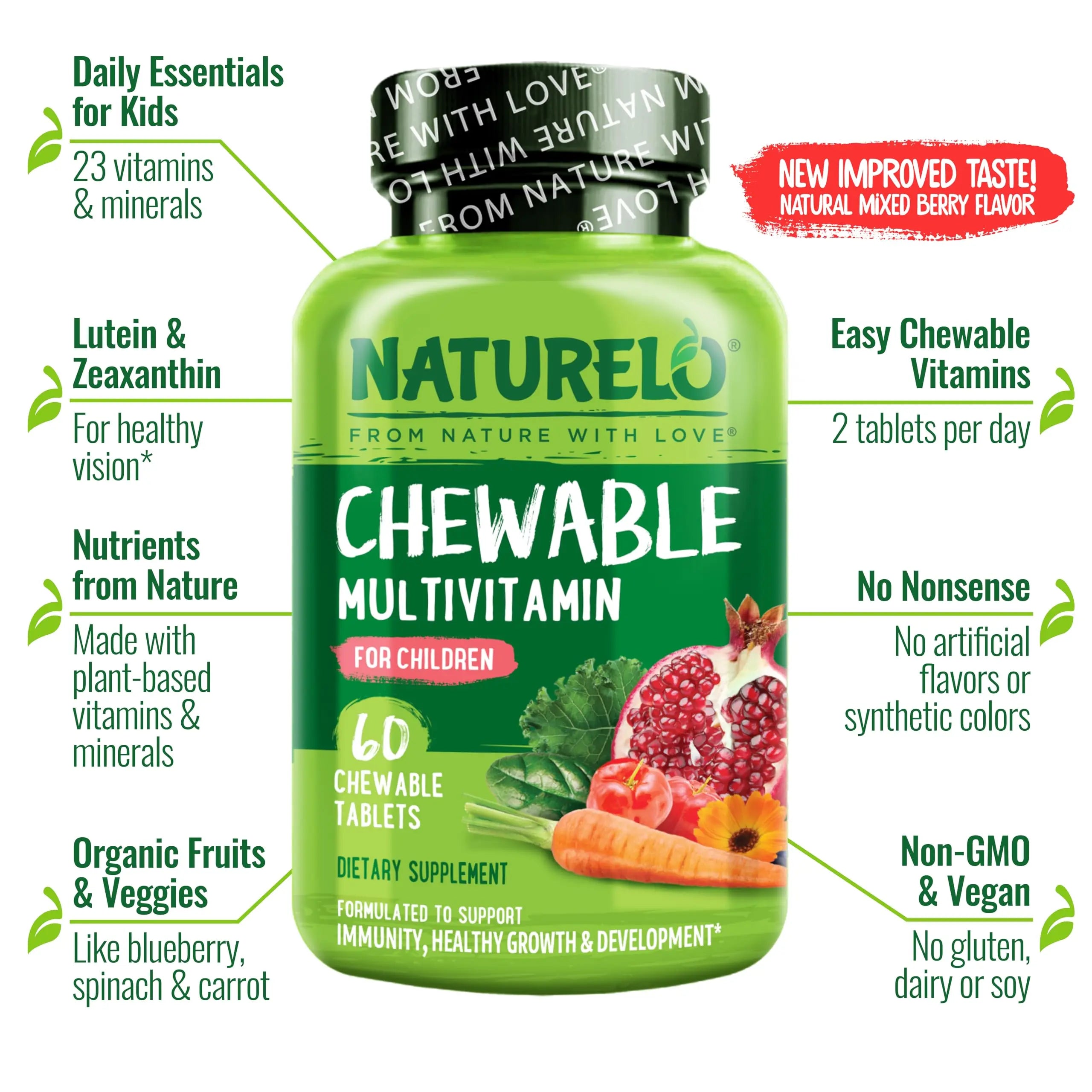 NATURELO Chewable Vitamin for Kids Multivitamin with Whole Food Organic Fruit Blend - 60 Tablets for Children NATURELO uk supplements