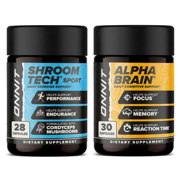 ONNIT Cognitive & Endurance Support Bundle: Alpha Brain Nootropic Capsules (30 Count) + Shroom Tech Sport Exercise Support Capsules (28 Count), IGEN Non-GMO Tested Focus, Energy & Endurance, 2 Pack ONNIT uk supplements