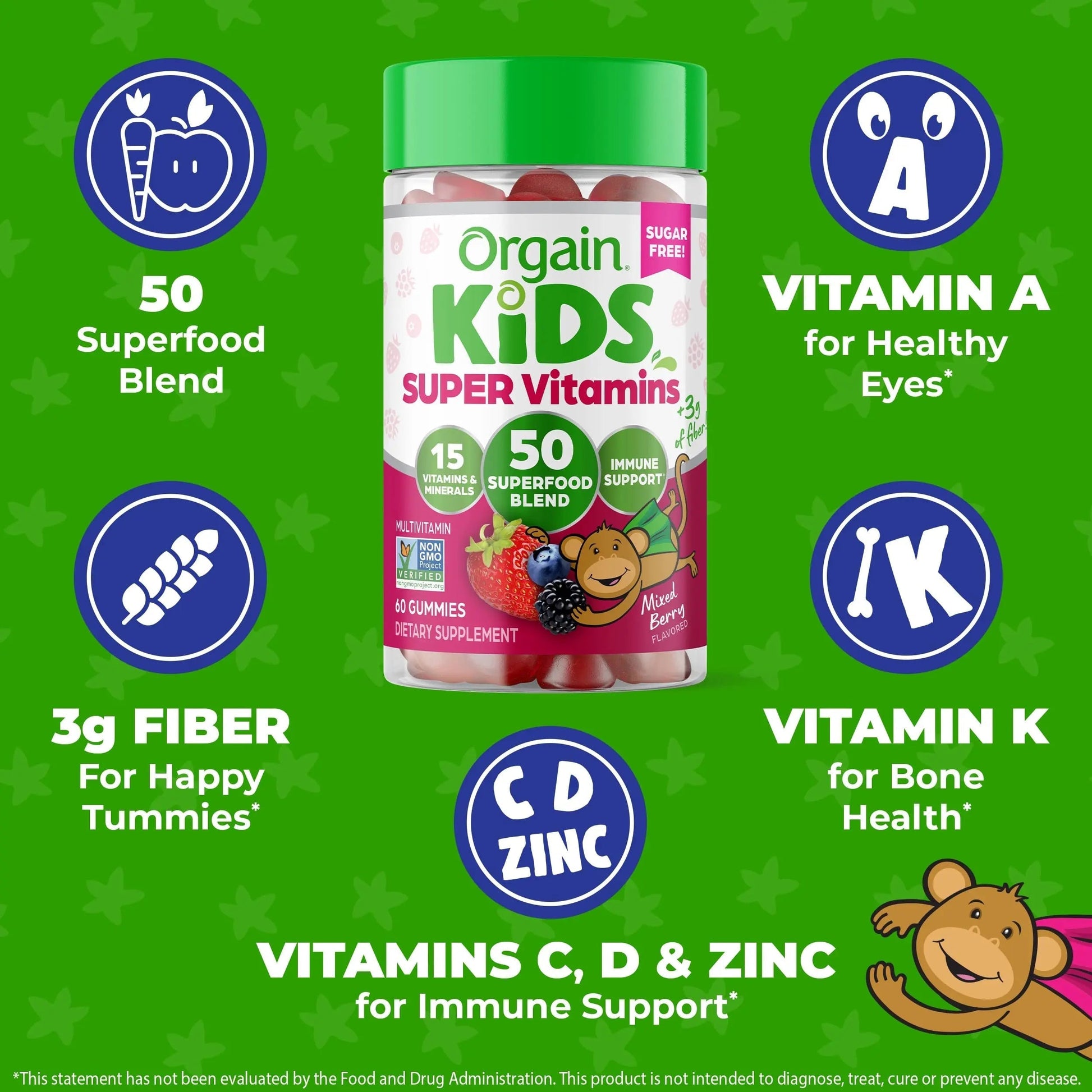 Orgain Kids Sugar Free Multivitamin Gummies, Vegan & Plant Based, 50 Superfoods, 15 Vitamins and Minerals, Immune Support and 3g of Fiber Orgain uk supplements