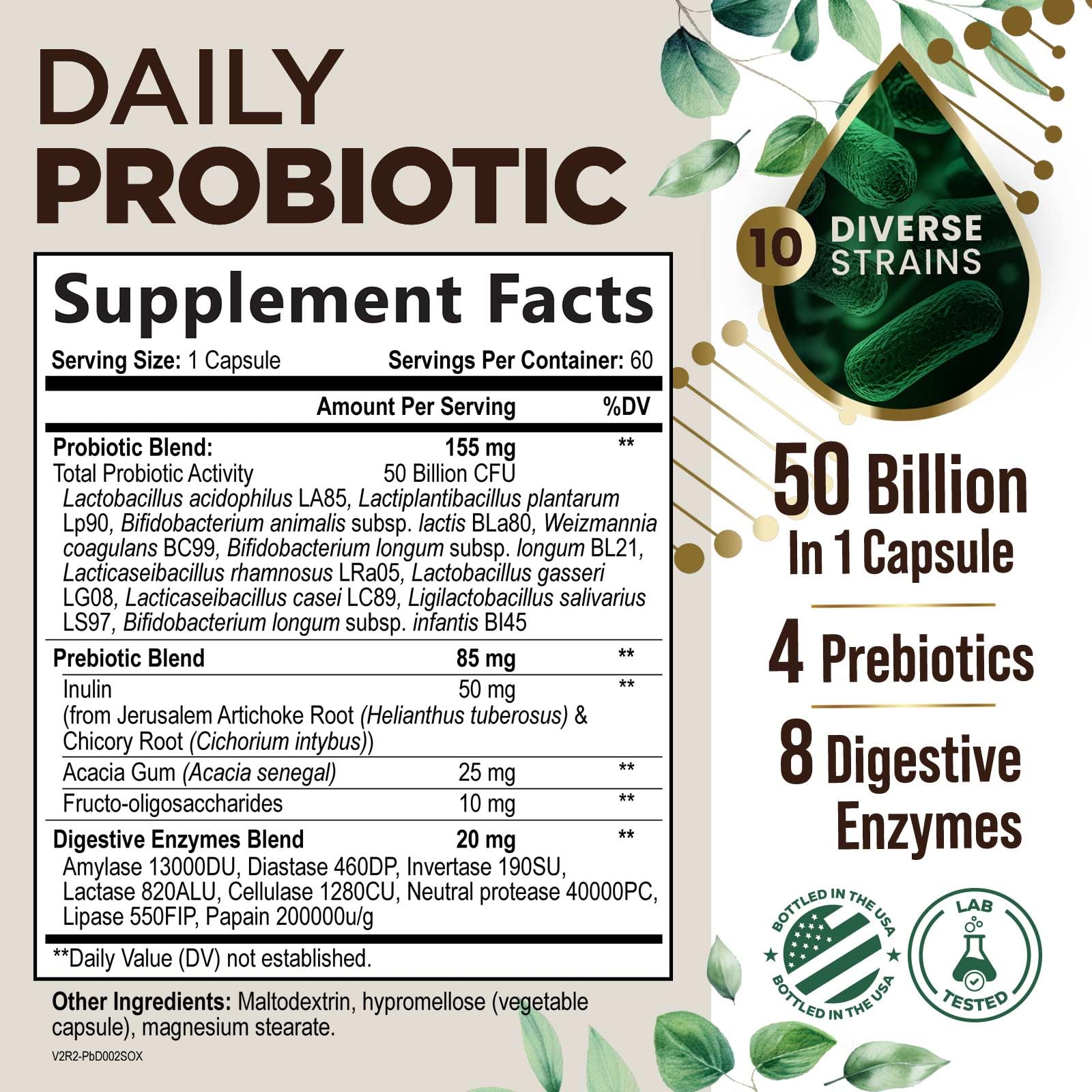 Probiotics 50 Billion CFU per Serving - 10 Strains + Prebiotics - Digestive Health, Gut & Immune Support - Occasional Constipation, Gas & Bloating Support for Women & Men, Bottled USA - 60 Capsules Health Nutrition Naturals uk supplements