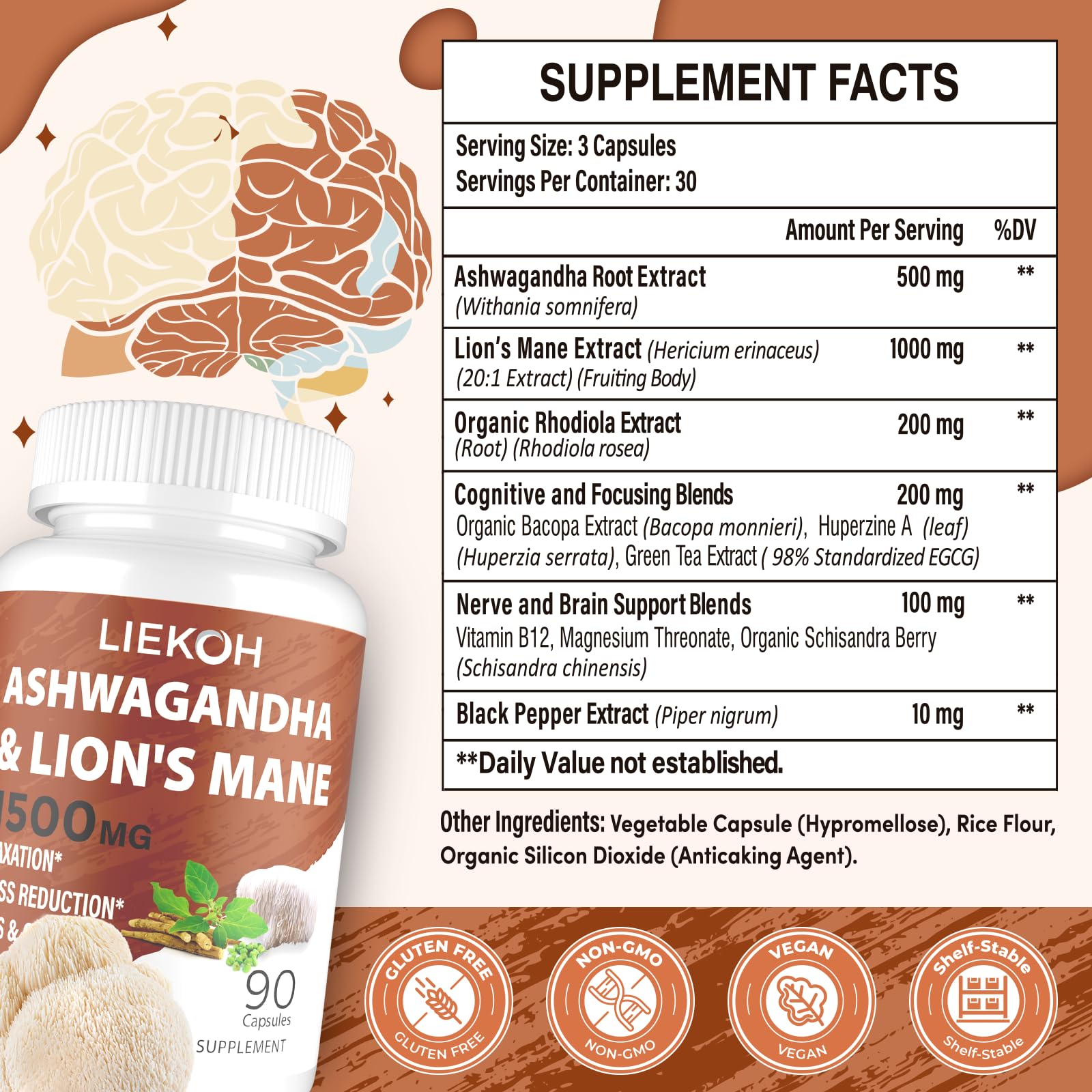 Liekoh Ashwagandha & Lions Mane Supplement Capsules, Brain Supplements for Memory and Focus, Ashwagandha Supplement with Rhodiola & Black Peppe, Cortisol Supplements for Women & Men,90 Caps Liekoh uk supplements